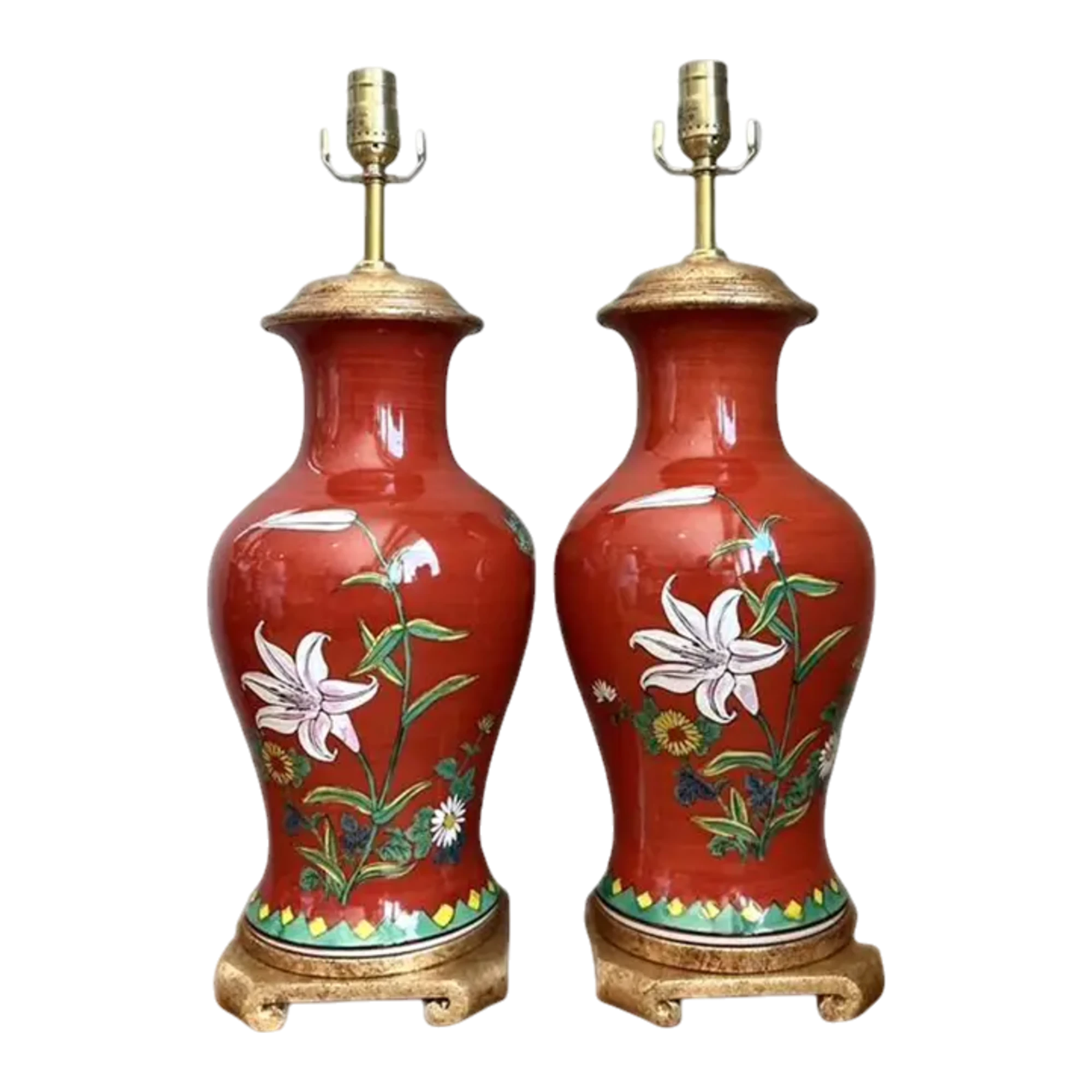 Vintage Hand Painted Glazed Ceramic Lamps - A Pair