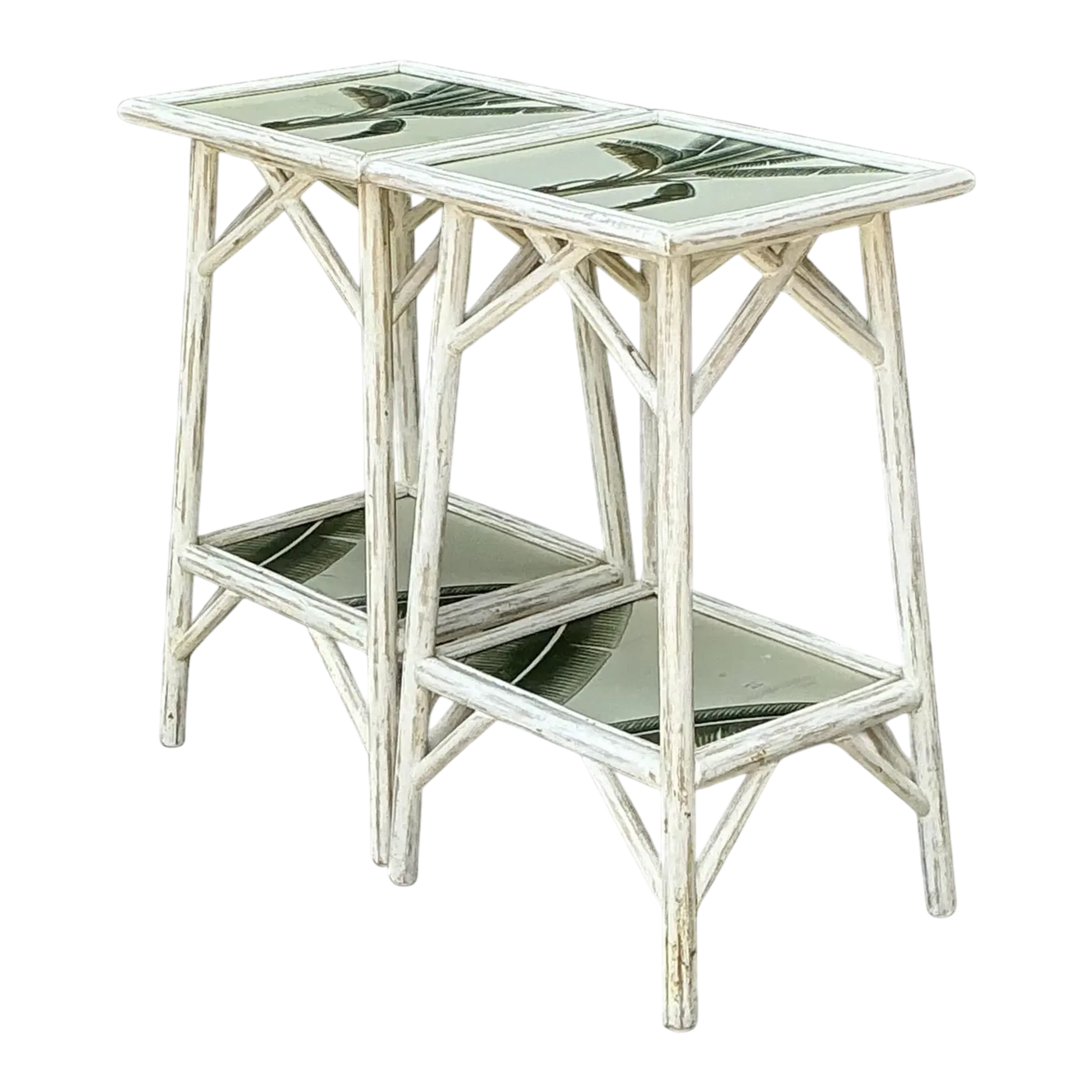 Vintage Hand Painted Palm Side Tables - A Pair