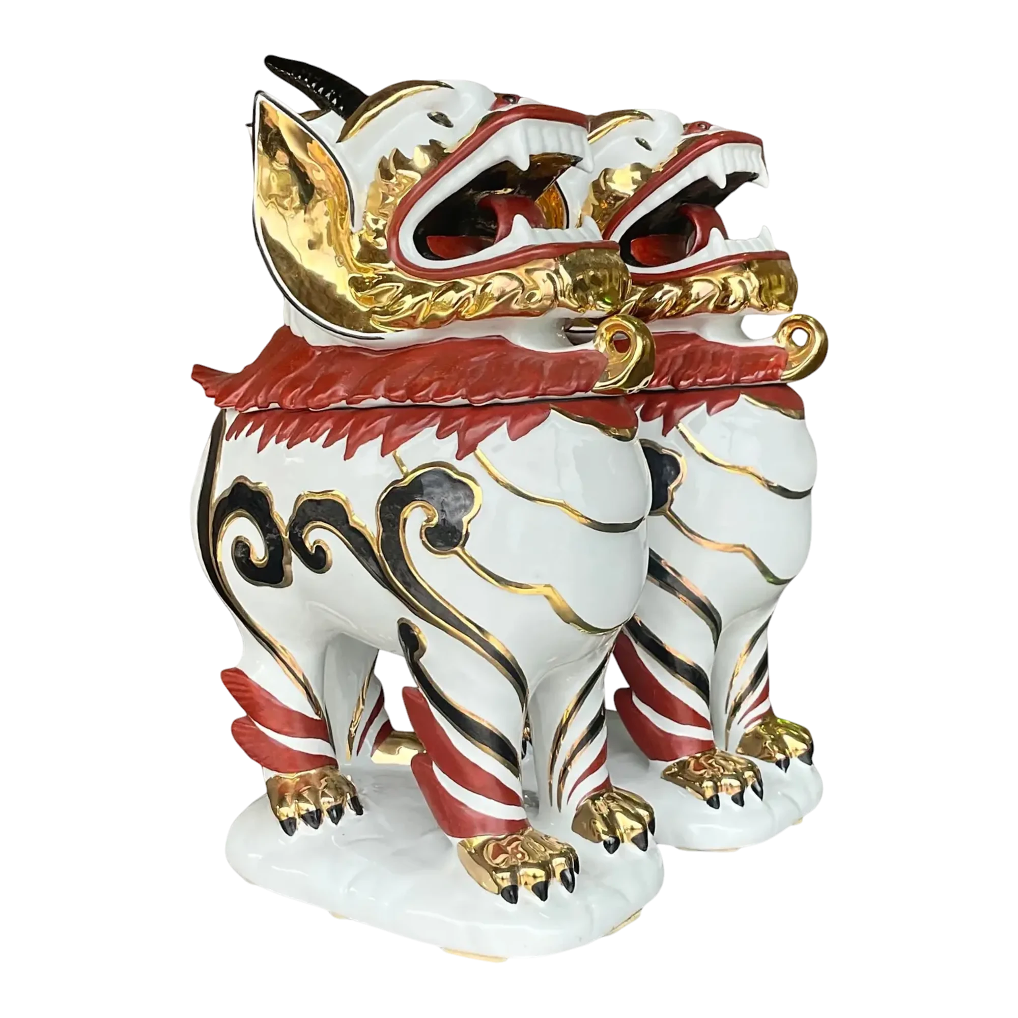 Vintage Italian Gilt Tipped Lidded Porcelain Foo Dogs - a Pair