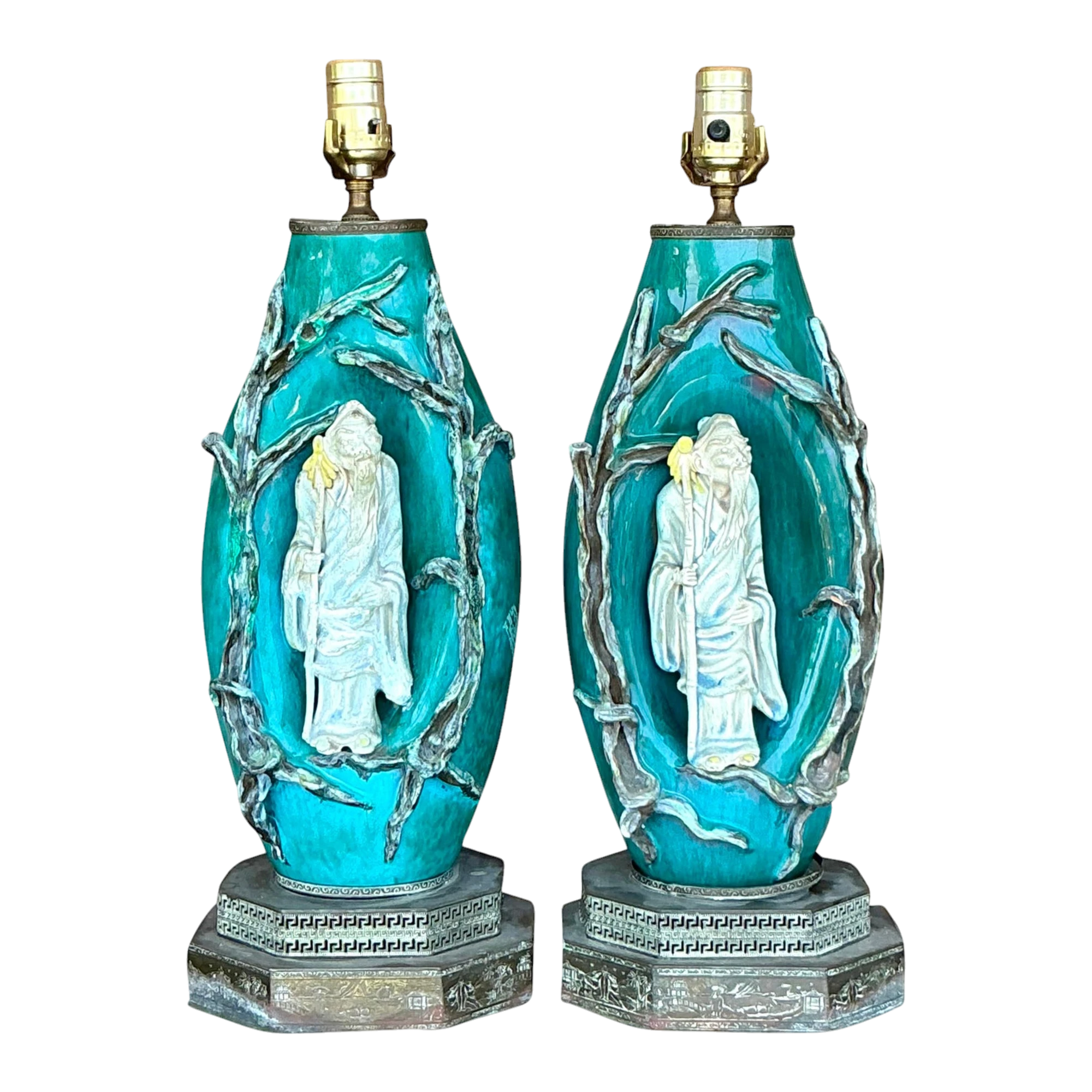 Vintage Italian Marcelo Fantoni Glazed Ceramic Character Lamps - A Pair