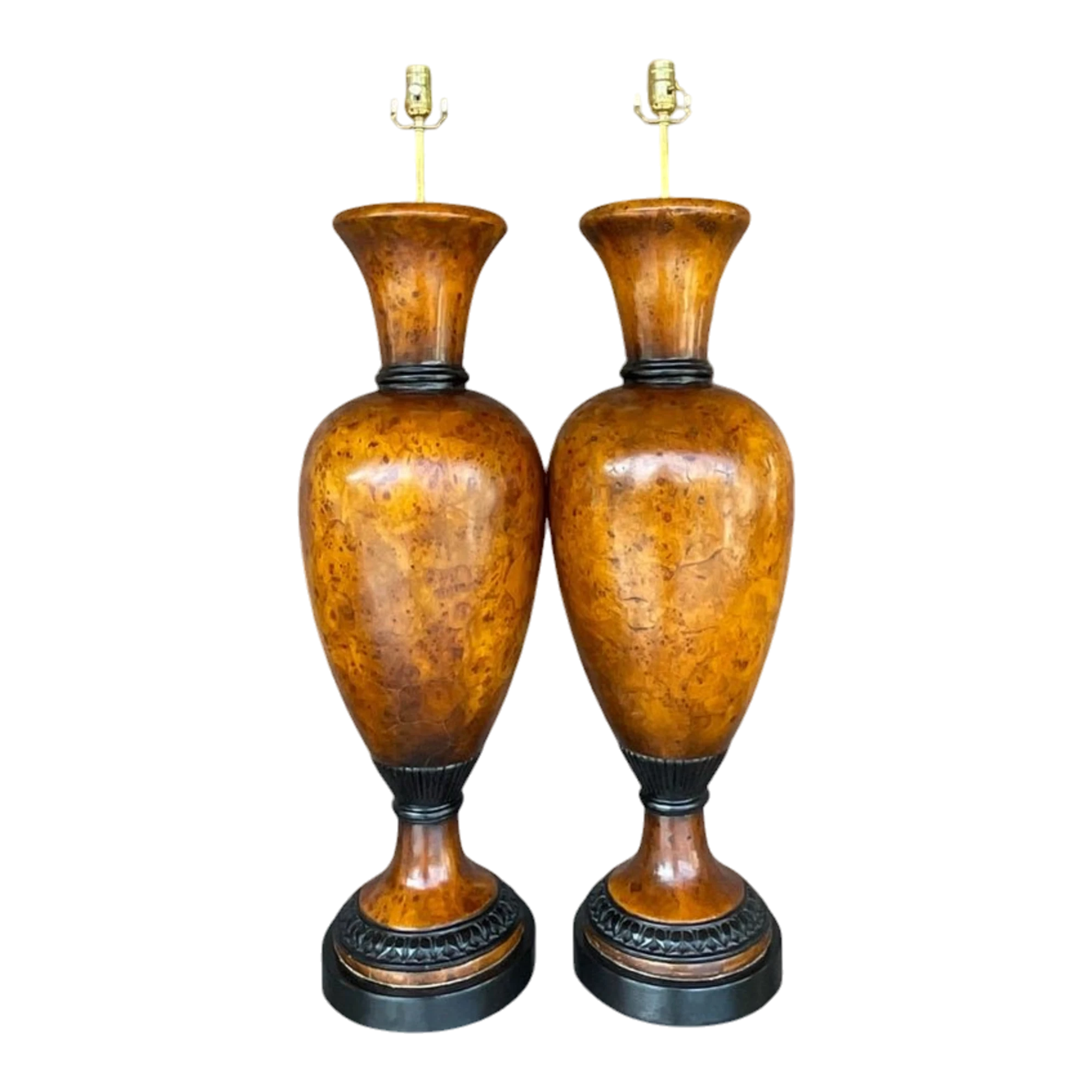 Vintage Late 20th Century Boho Burl Wood Urn Lamps - a Pair
