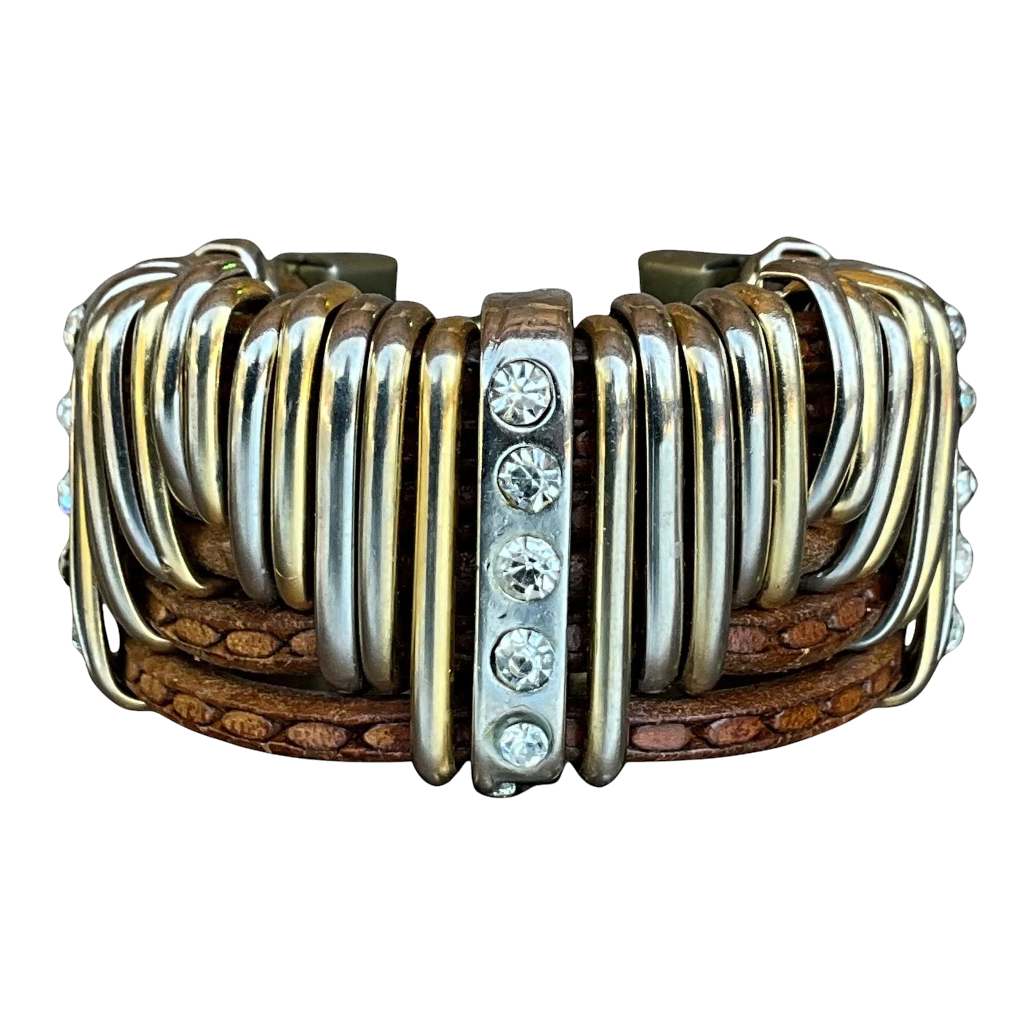 Vintage Leather & Silver Rhinestone Cuff Bracelet — additional photo 1