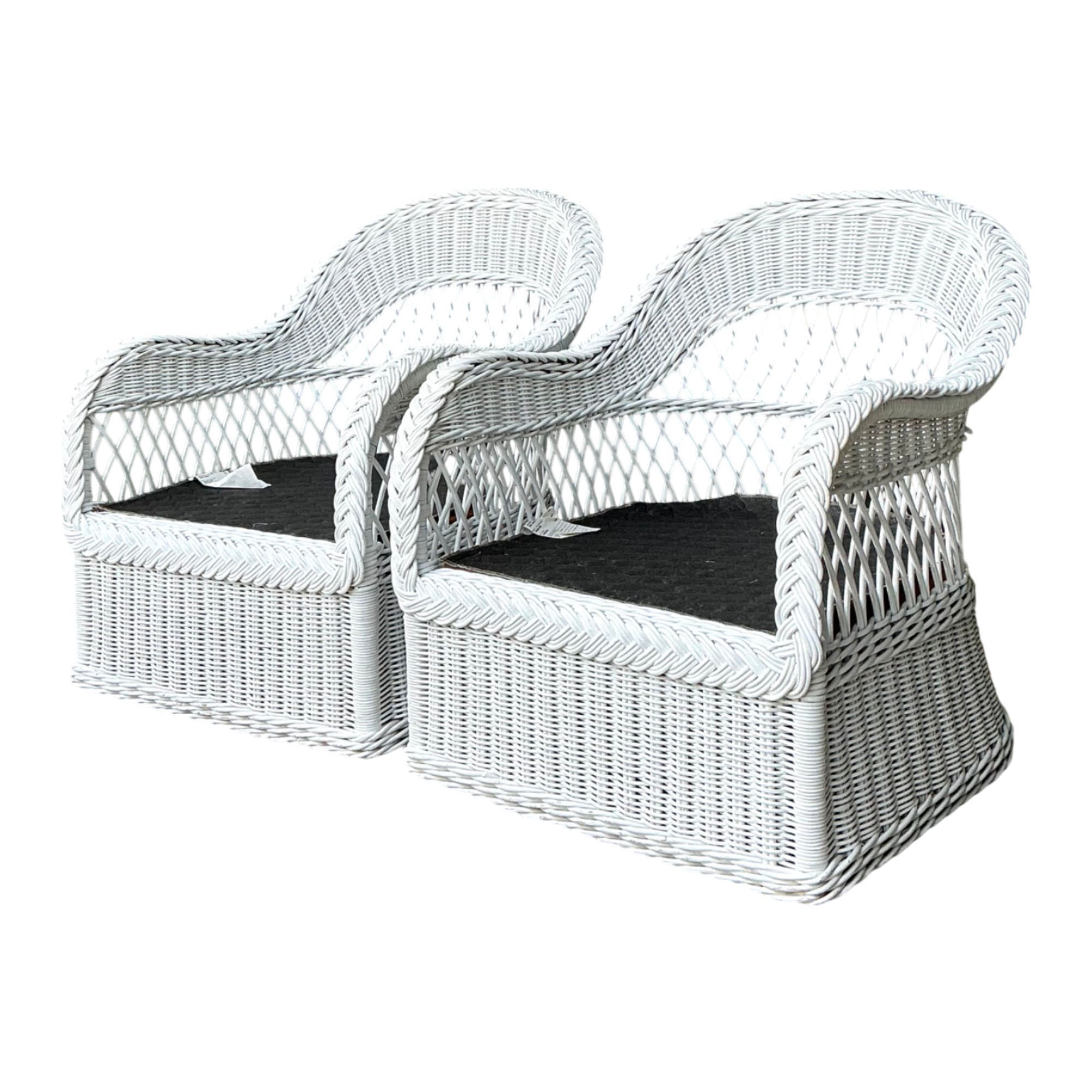 Vintage Lexington Braided White Rattan Lounge Chairs - A Pair