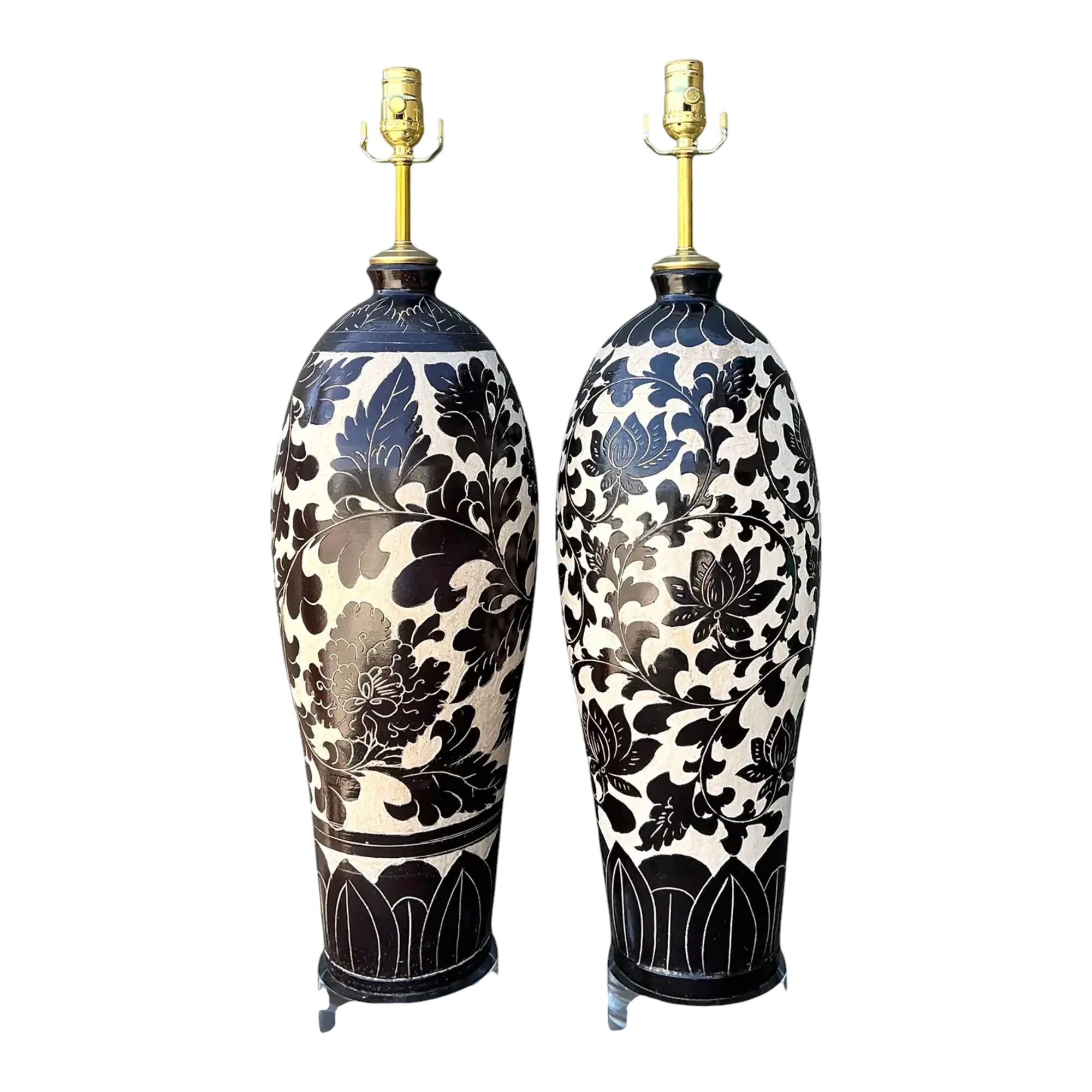 Vintage Matte Glazed Ceramic Floral Lamps - A Pair — additional photo 1