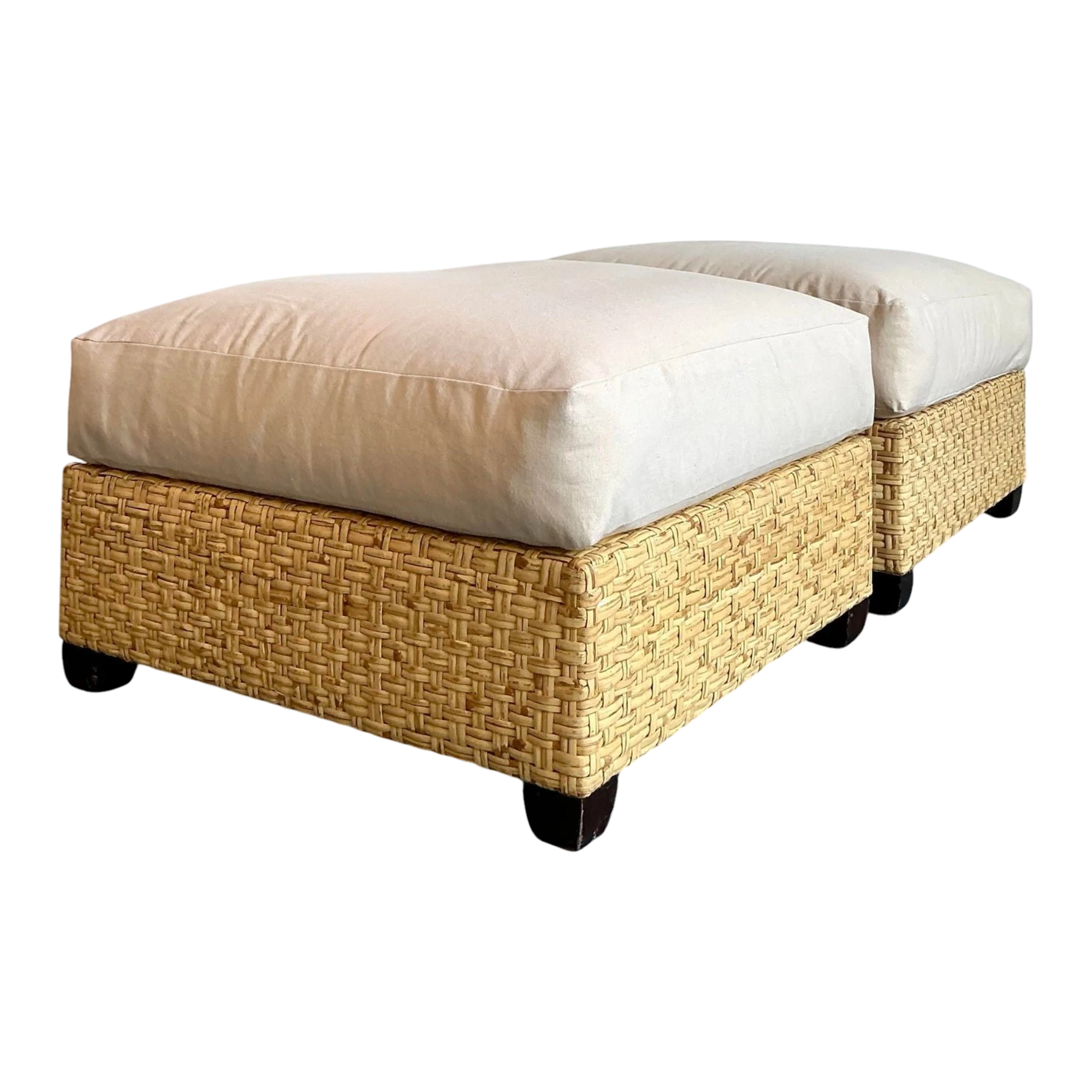 Vintage McGuire Woven Rattan Ottomans - A Pair