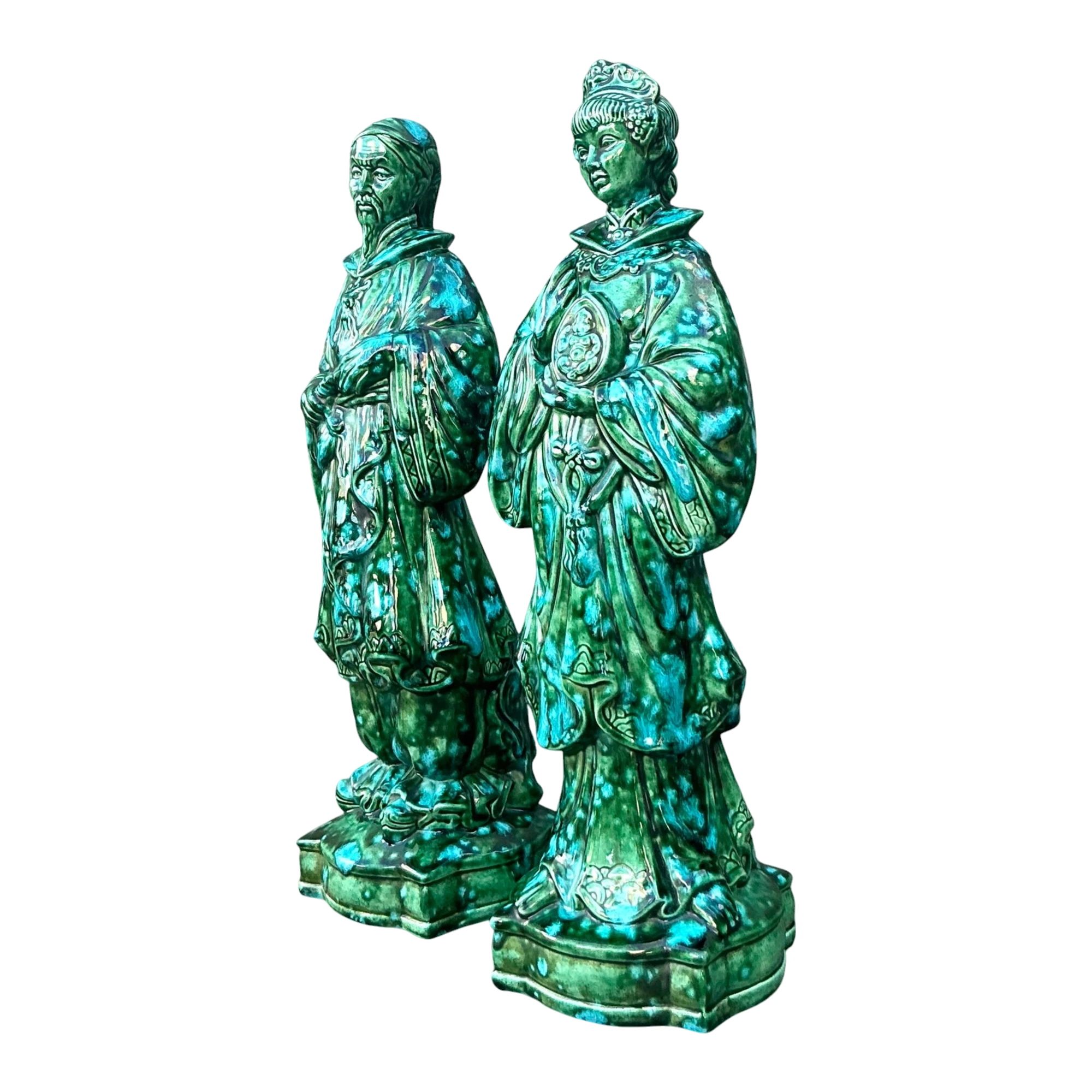 Vintage MCM Glazed Ceramic Chinoiserie Figures - Set of 2