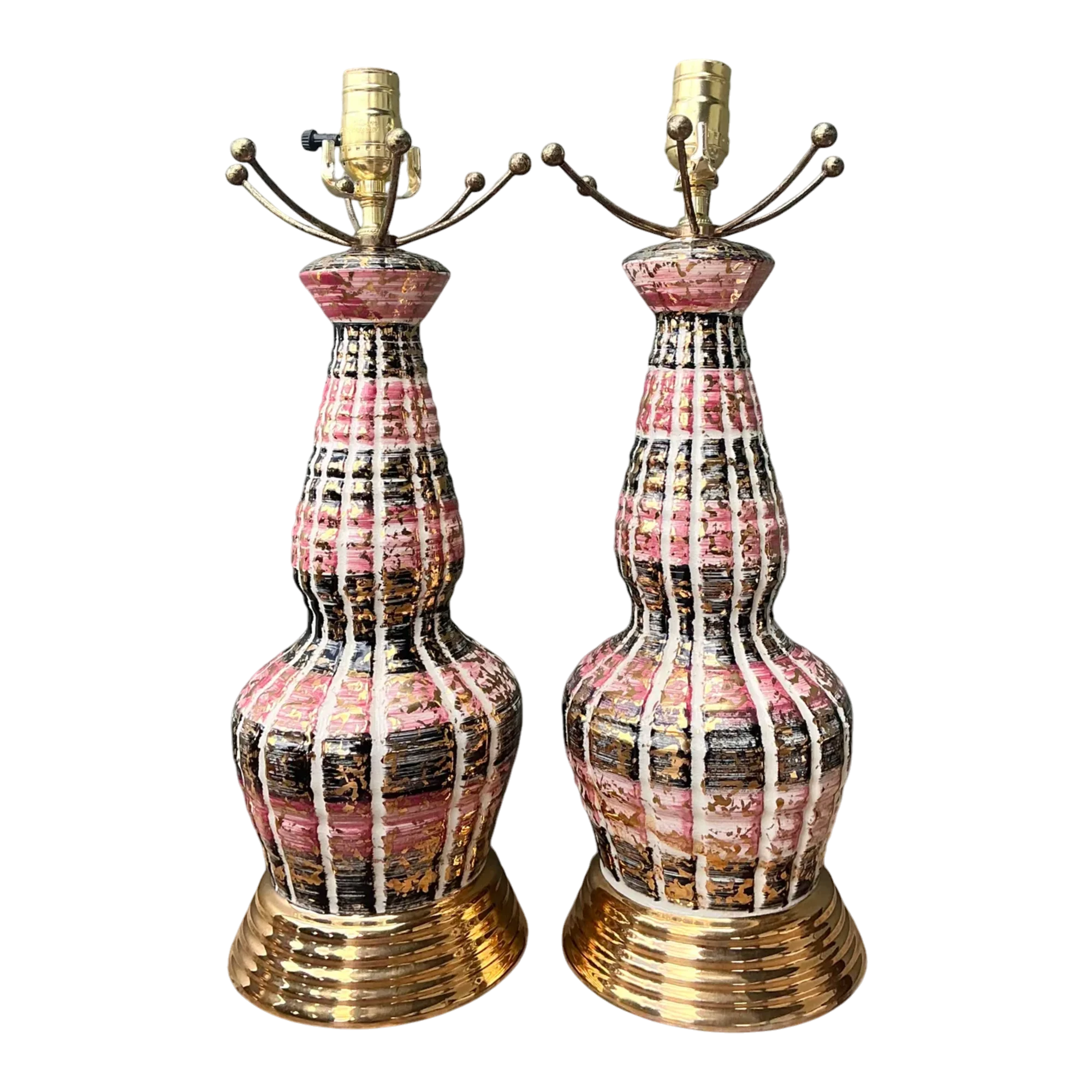 Vintage MCM Glazed Ceramic Lamps - A Pair - Brass, 7W x 19H