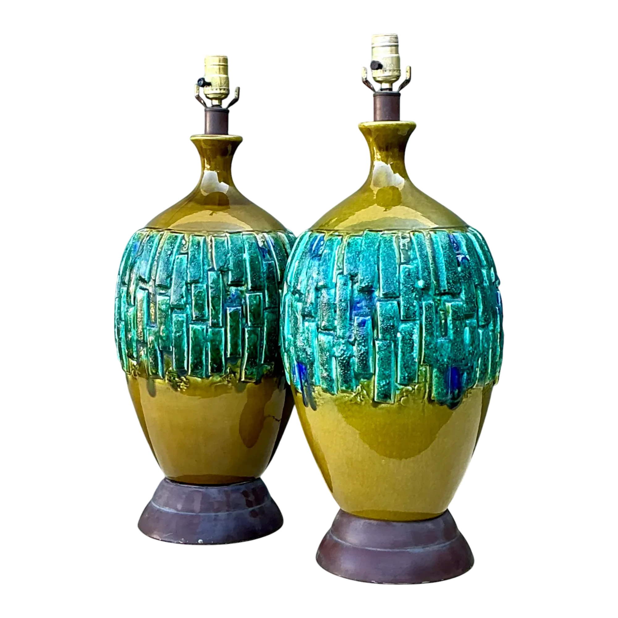 Vintage MCM Glazed Ceramic Lamps - A Pair - Brass, 9.5W x 24.75H