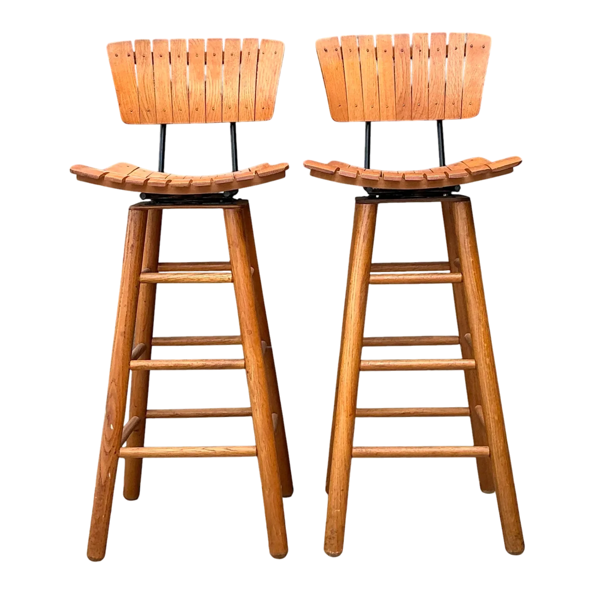 Vintage MCM Slat Swivel Bar Stools After Arthur Umanoff