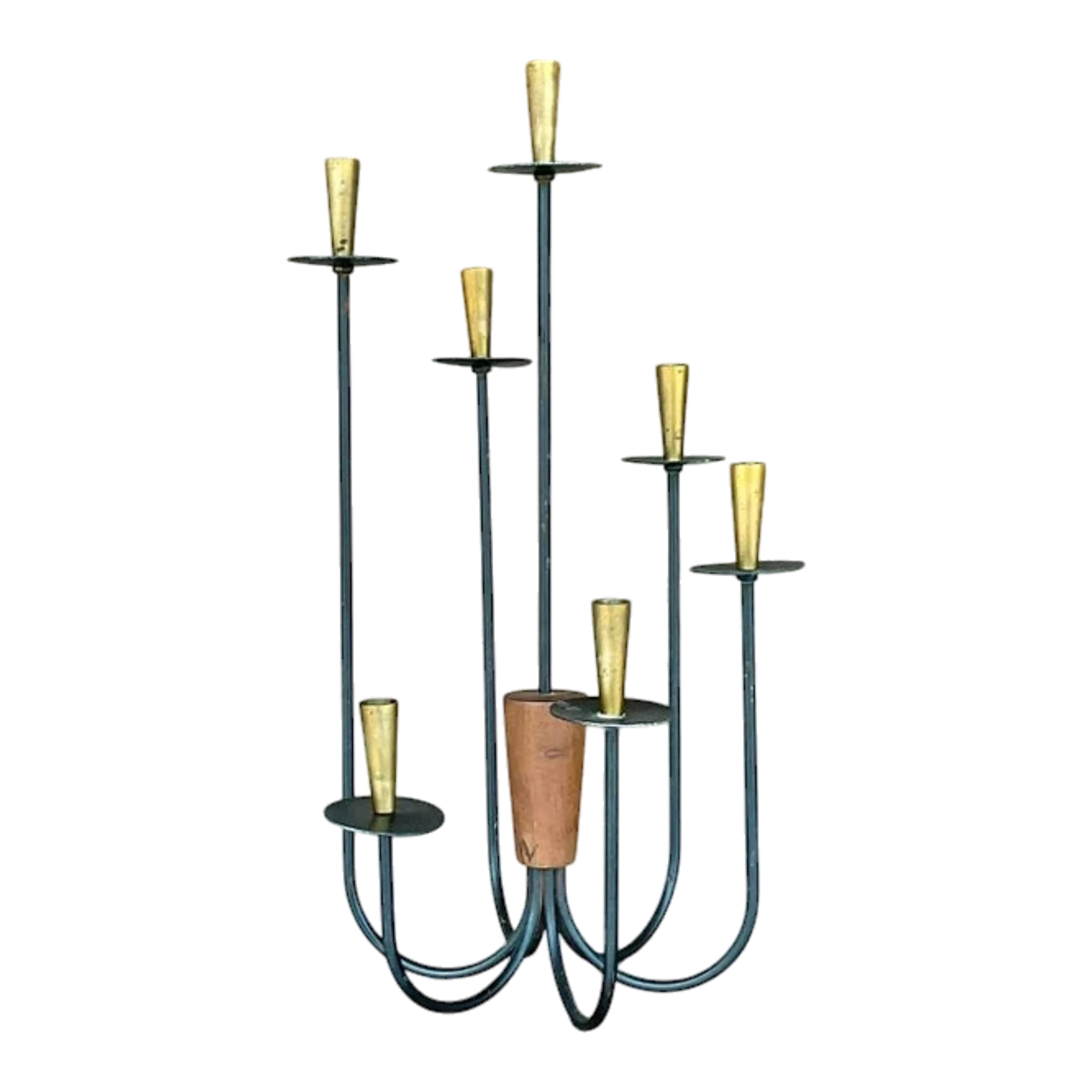 Vintage MCM Wood and Metal Candelabra