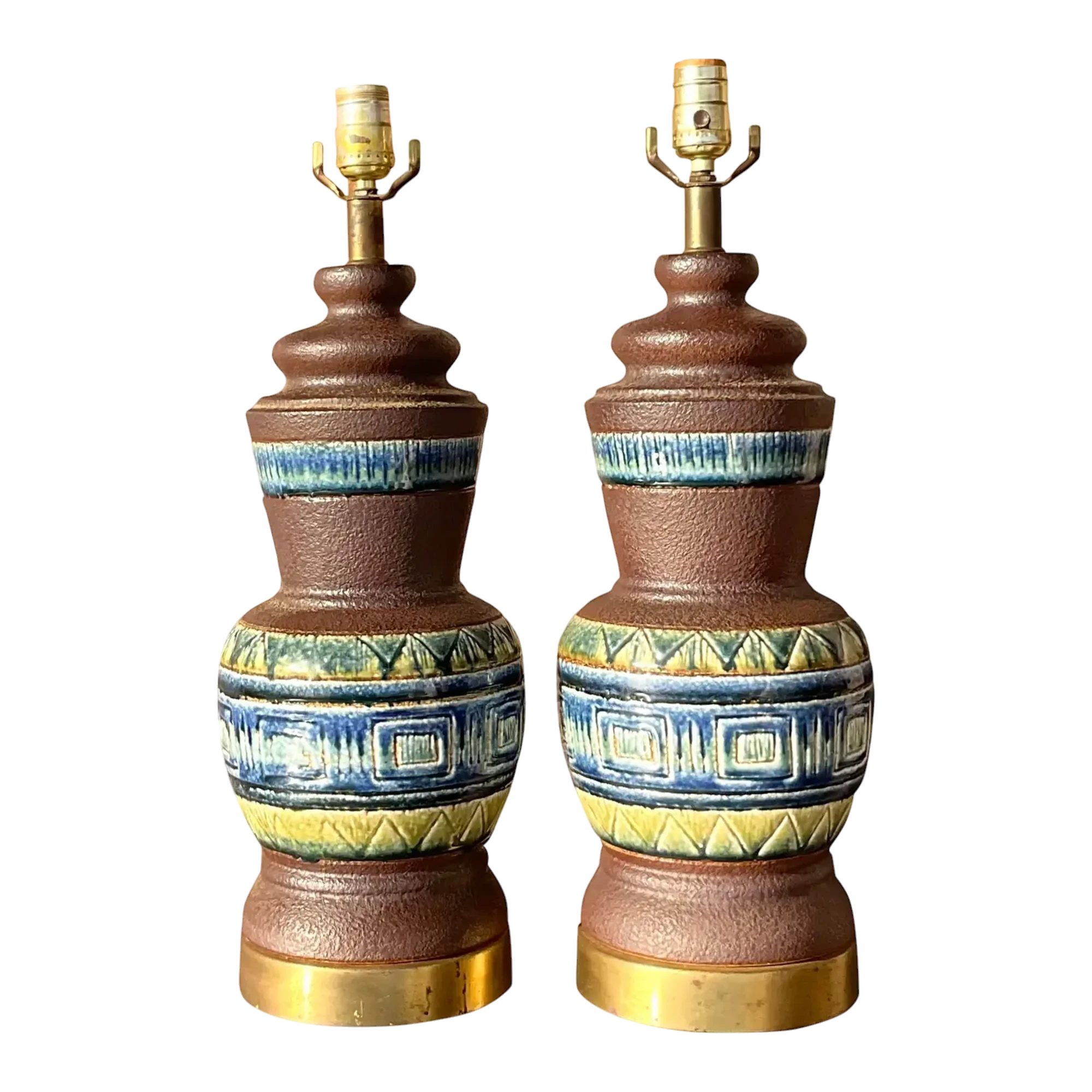 Vintage Mid 20th Century Glazed Ceramic Band Table Lamps - a Pair