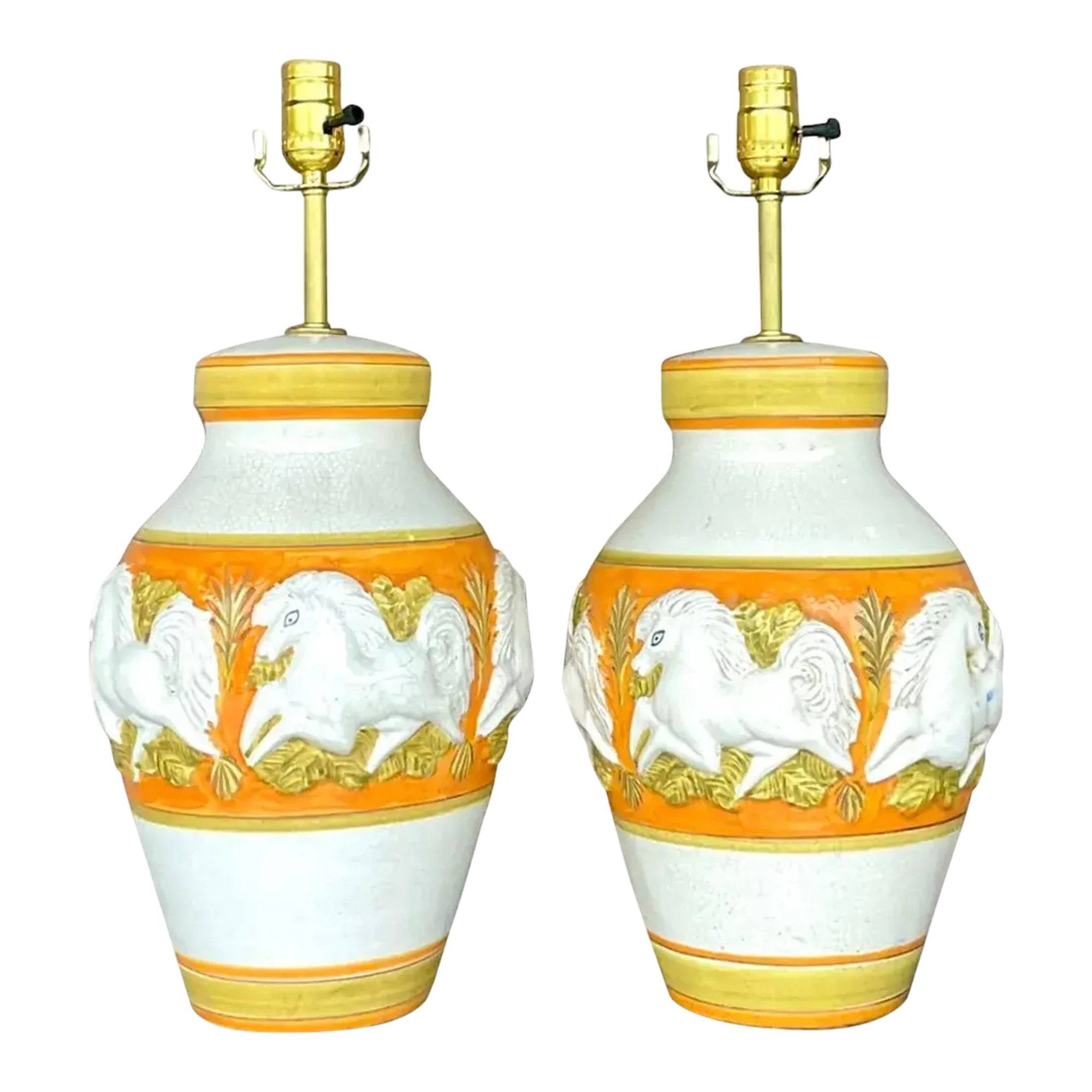 Vintage Mid-Century Modern Glazed Ceramic Prancing Horse Lamps - a Pair