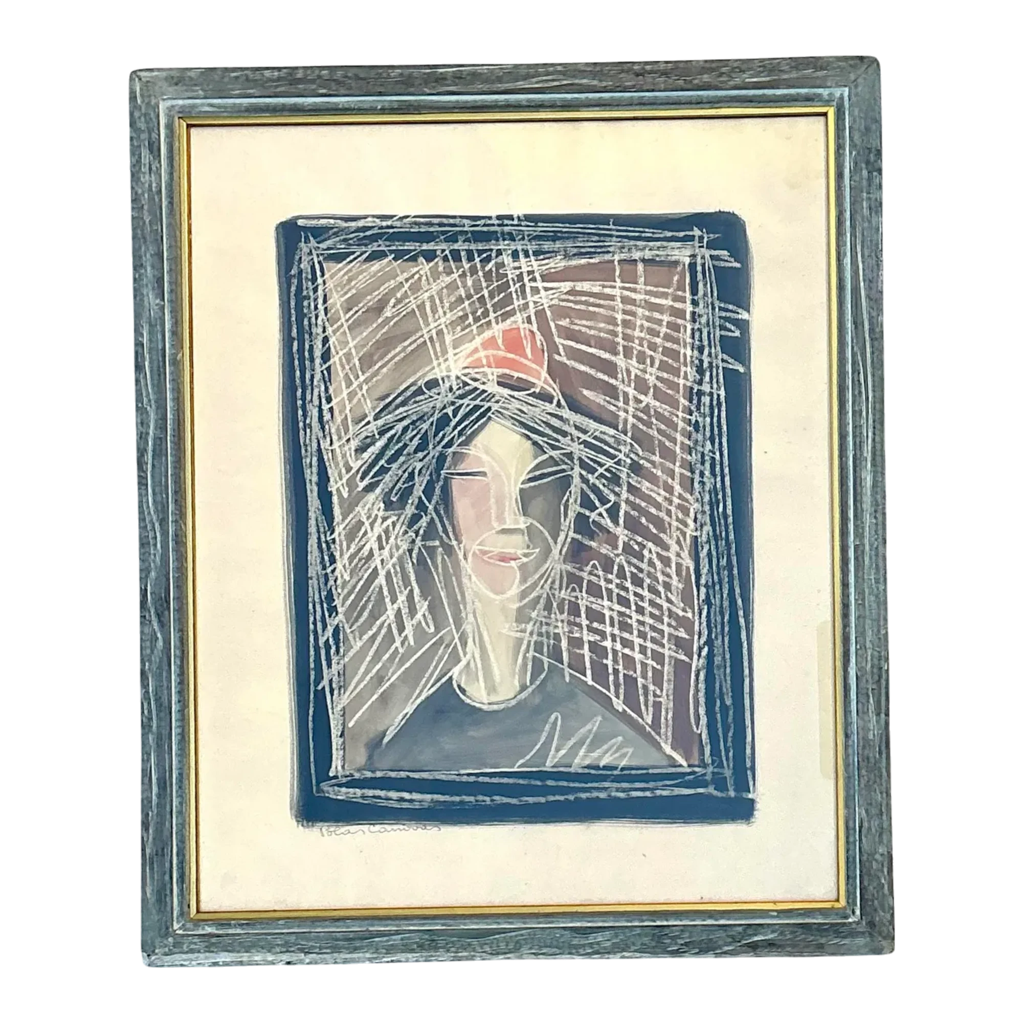 Vintage Mixed Media Portrait on Paper - Glass, 23.25W x 28H