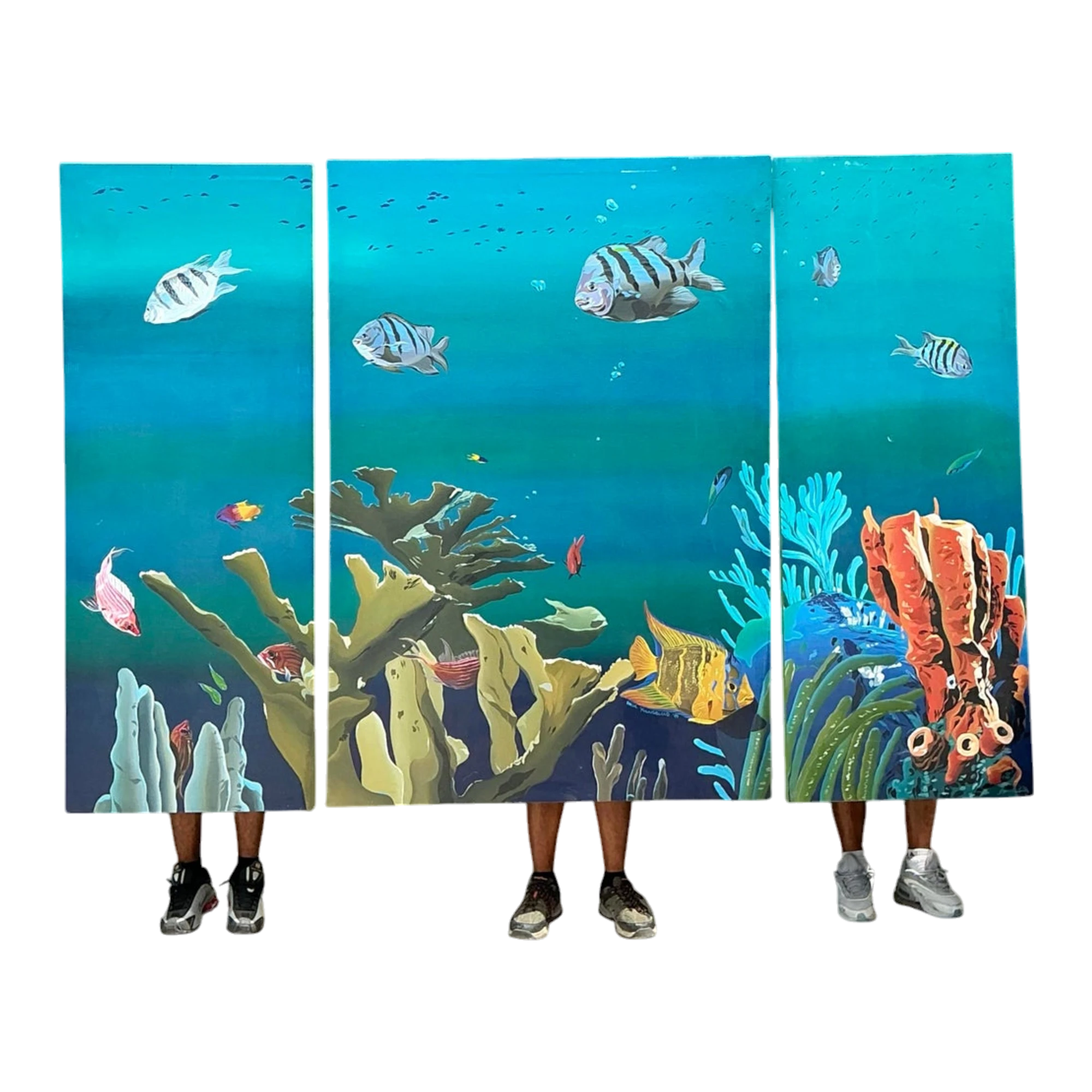 Vintage Monumental Paul Youngblood Original Undersea Oil Tryptic on Canvas