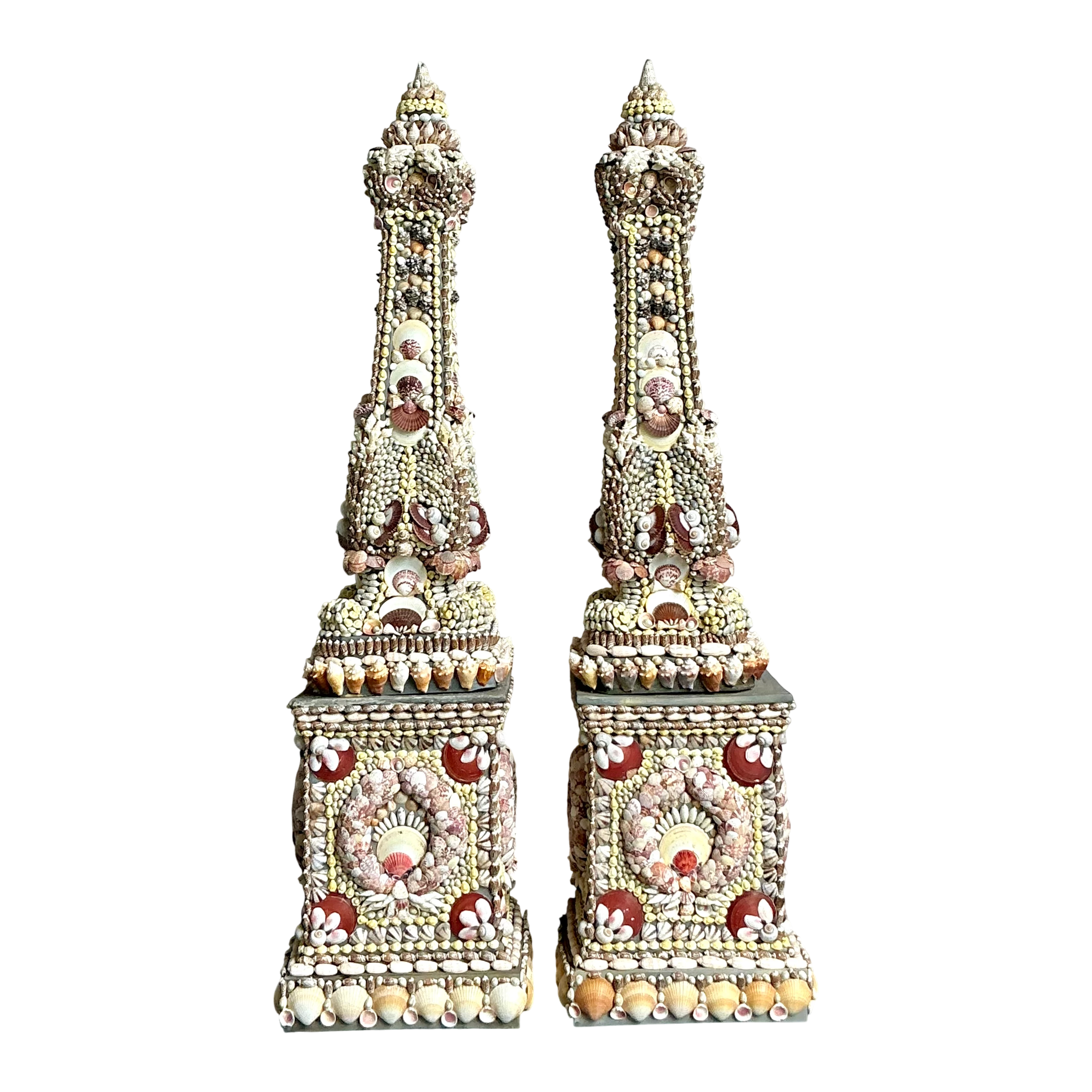 Vintage Monumental Shell Encrusted Obelisks- a Pair
