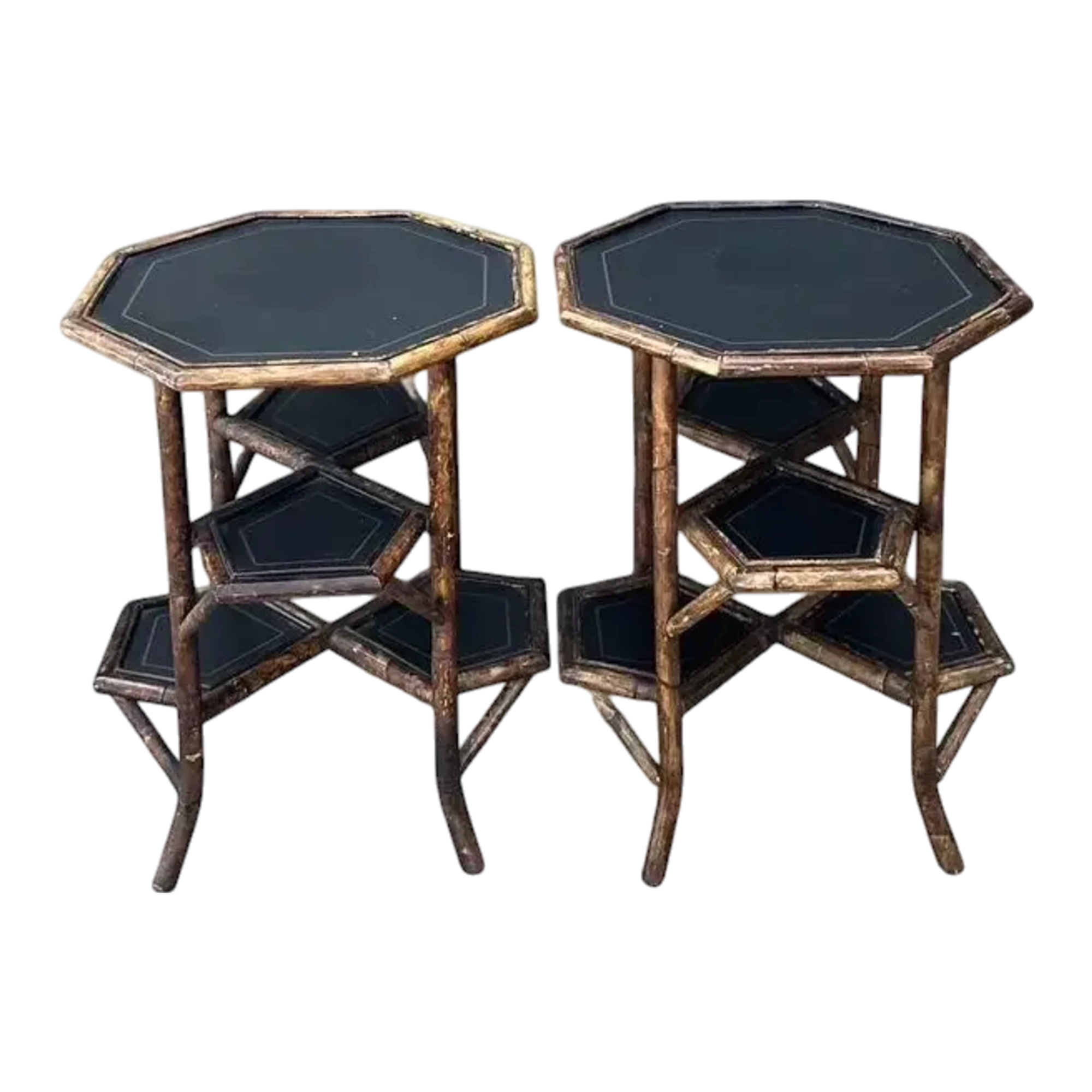 Vintage Octagon Burnt Bamboo Side Tables - A Pair