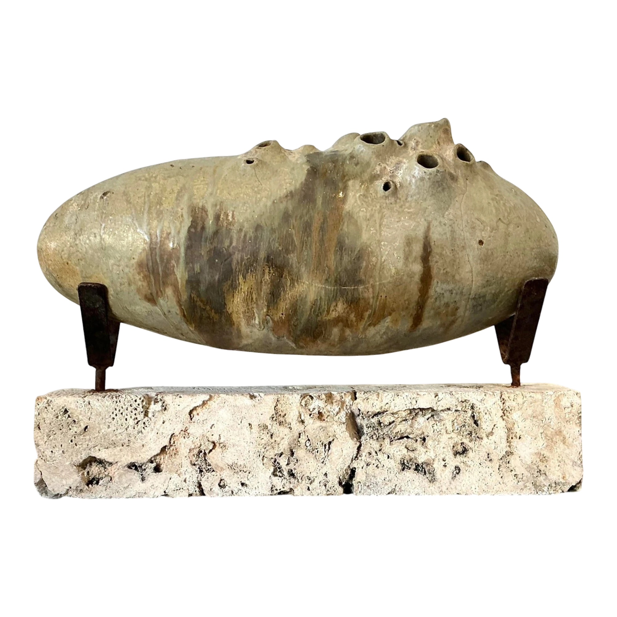 Vintage Original Abstract Studio Pottery Sculpture on Coquina Block Plinth