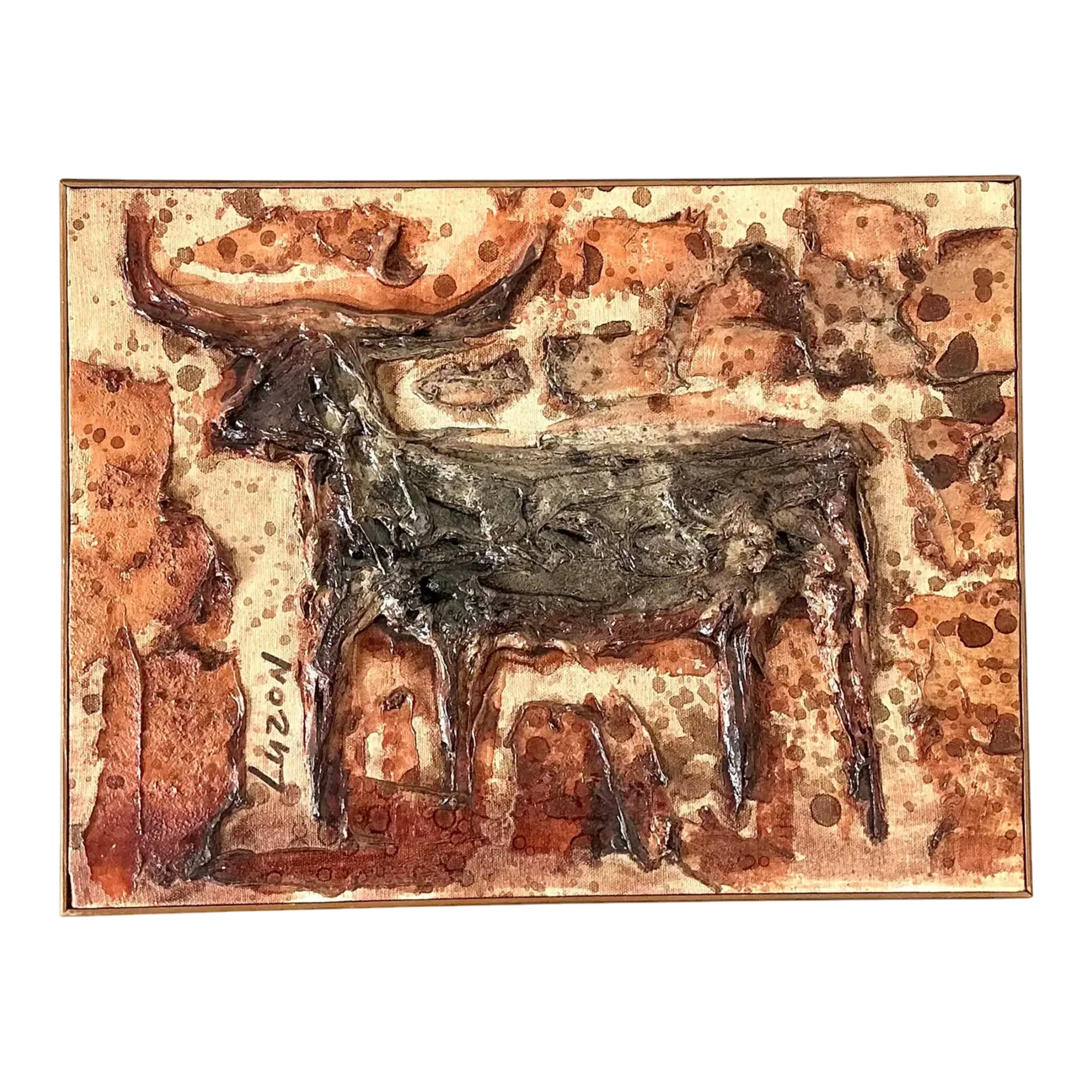 Vintage Original Mixed Media Bull on Canvas
