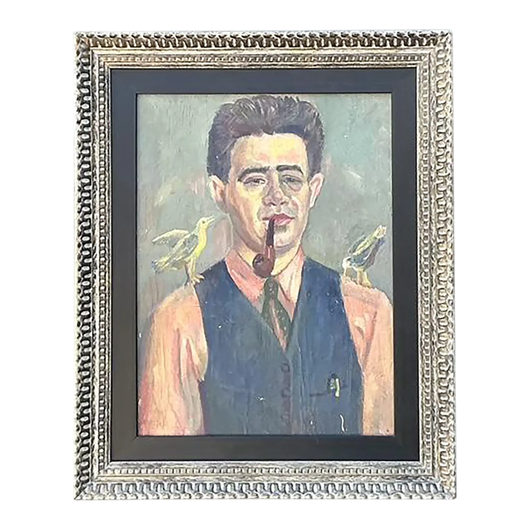 Vintage Original Oil Portrait of Man With Birds