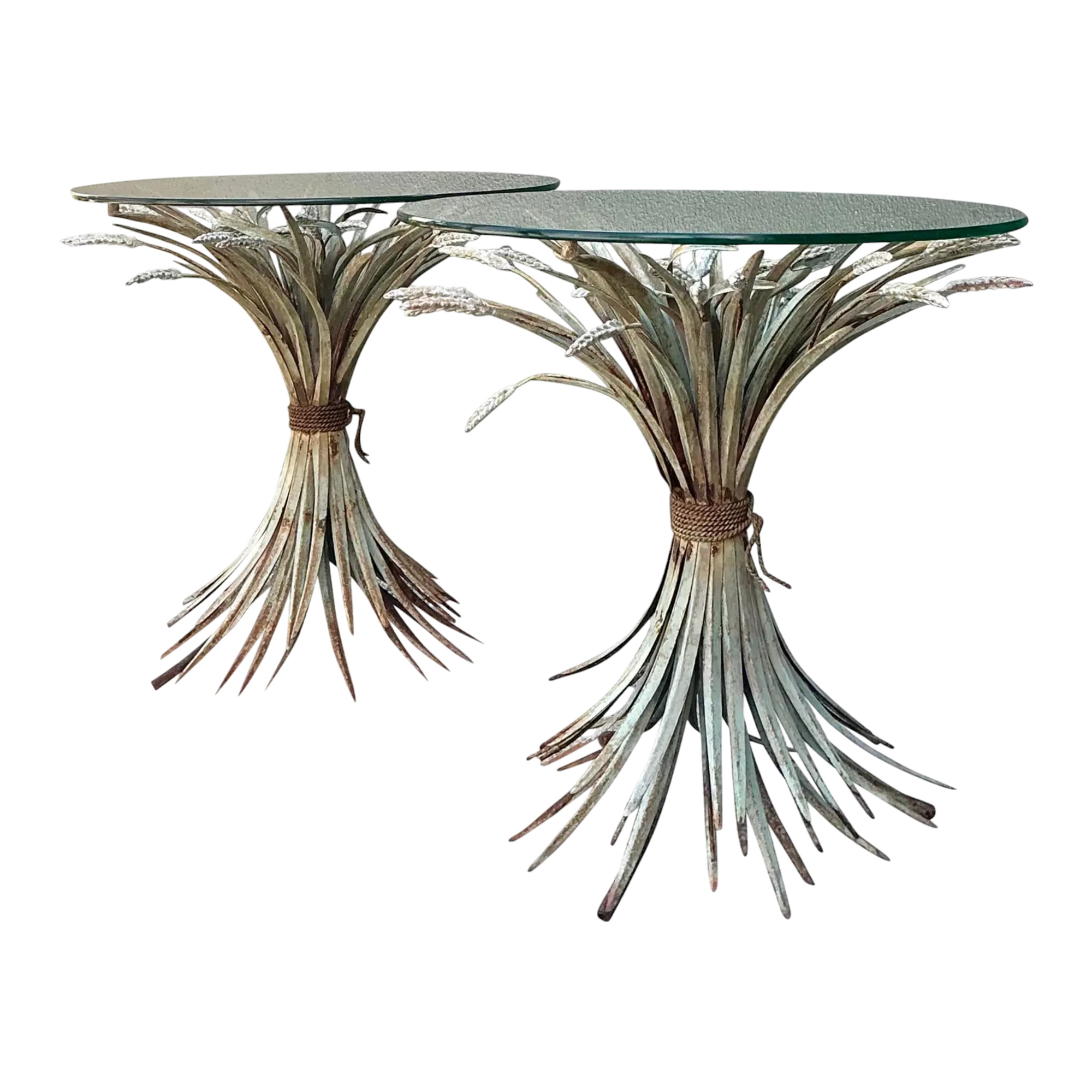 Vintage Patinated Sheath of Wheat Side Tables - A Pair