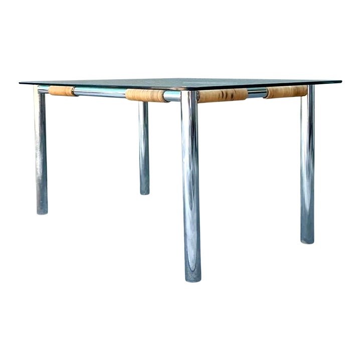 Vintage Polished Chrome and Rattan Dining Table