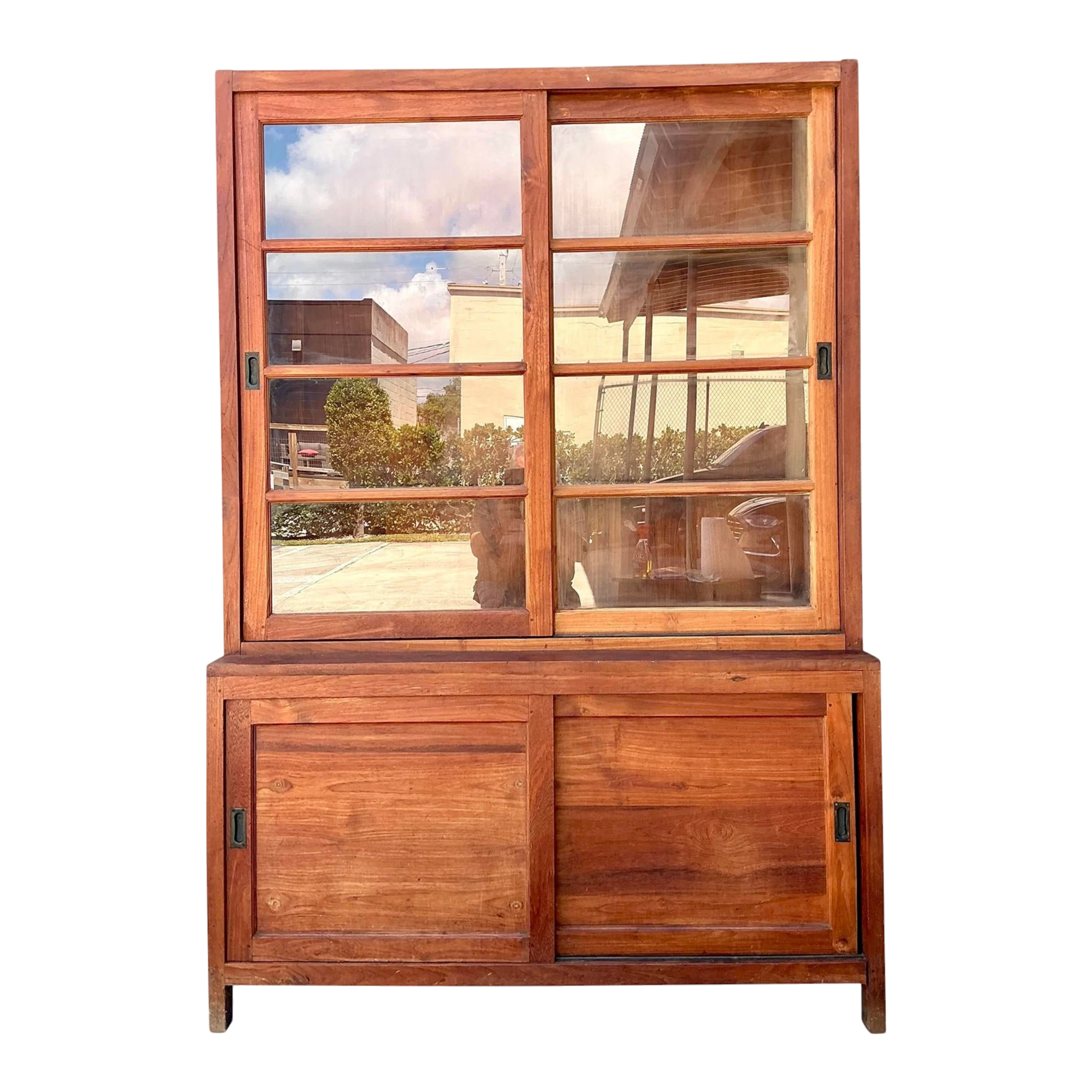 Vintage Primitive Teak Sliding Door Cabinet