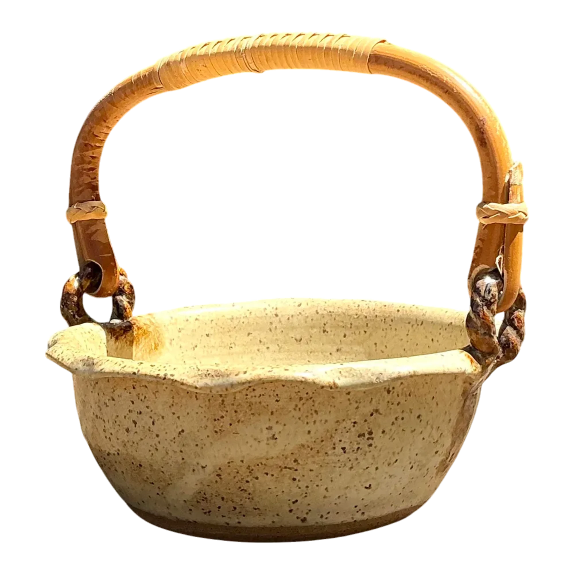 Vintage Rattan Handle Studio Pottery Bowl