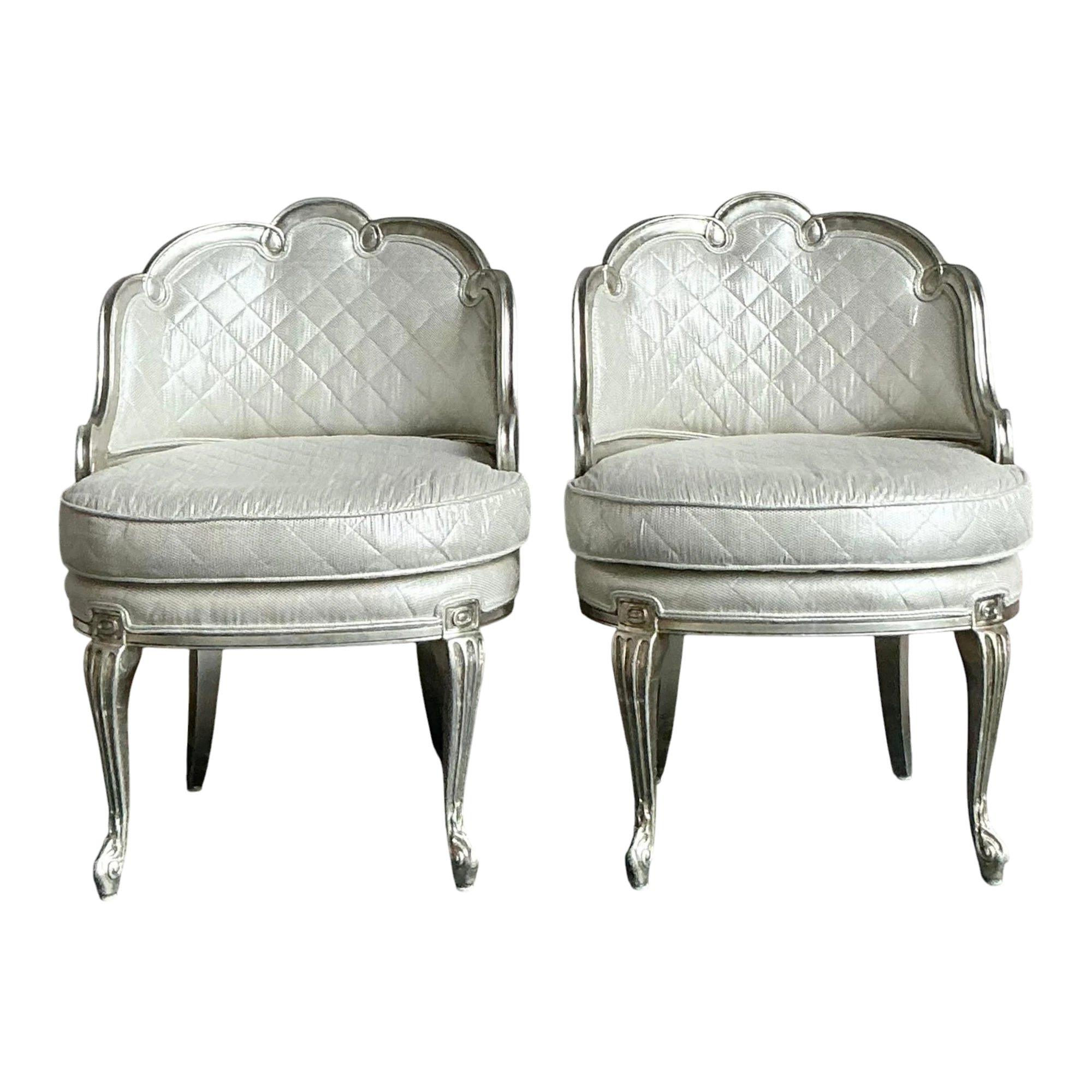 Vintage Regency Baroque Quilted Silver Leaf Lounge Chairs - A Pair