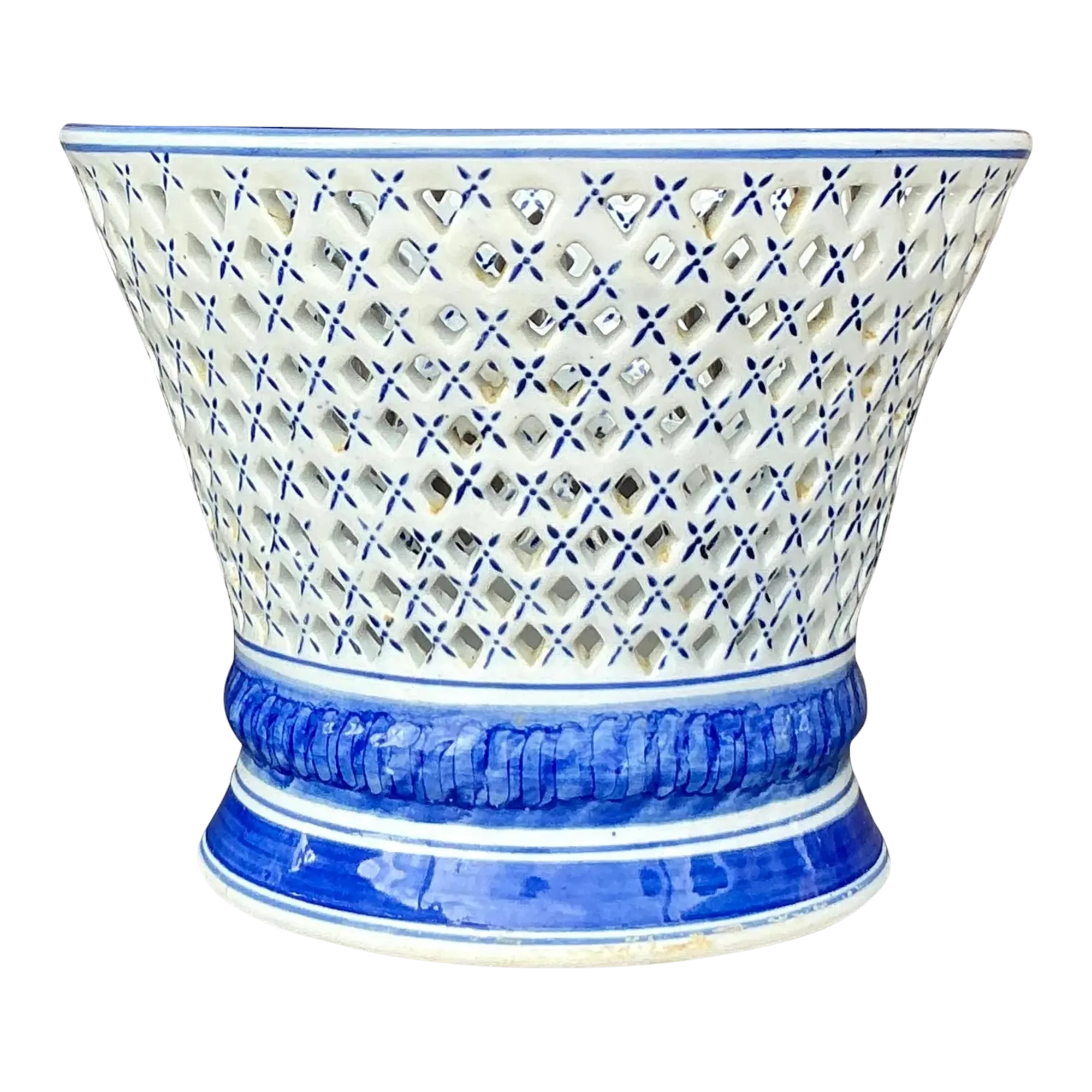 Vintage Regency Blue and White Trellis Cache Pot
