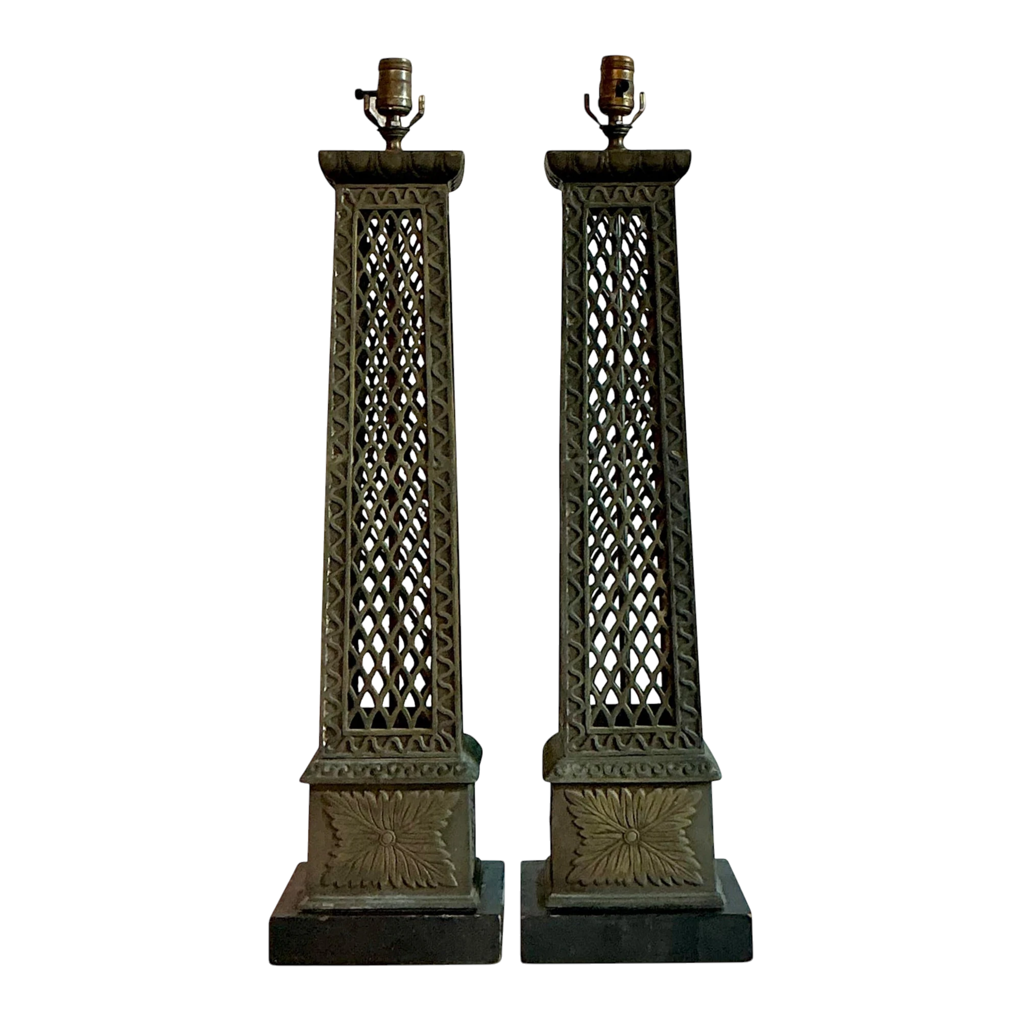 Vintage Regency Bronze Trellis Lamps - A Pair