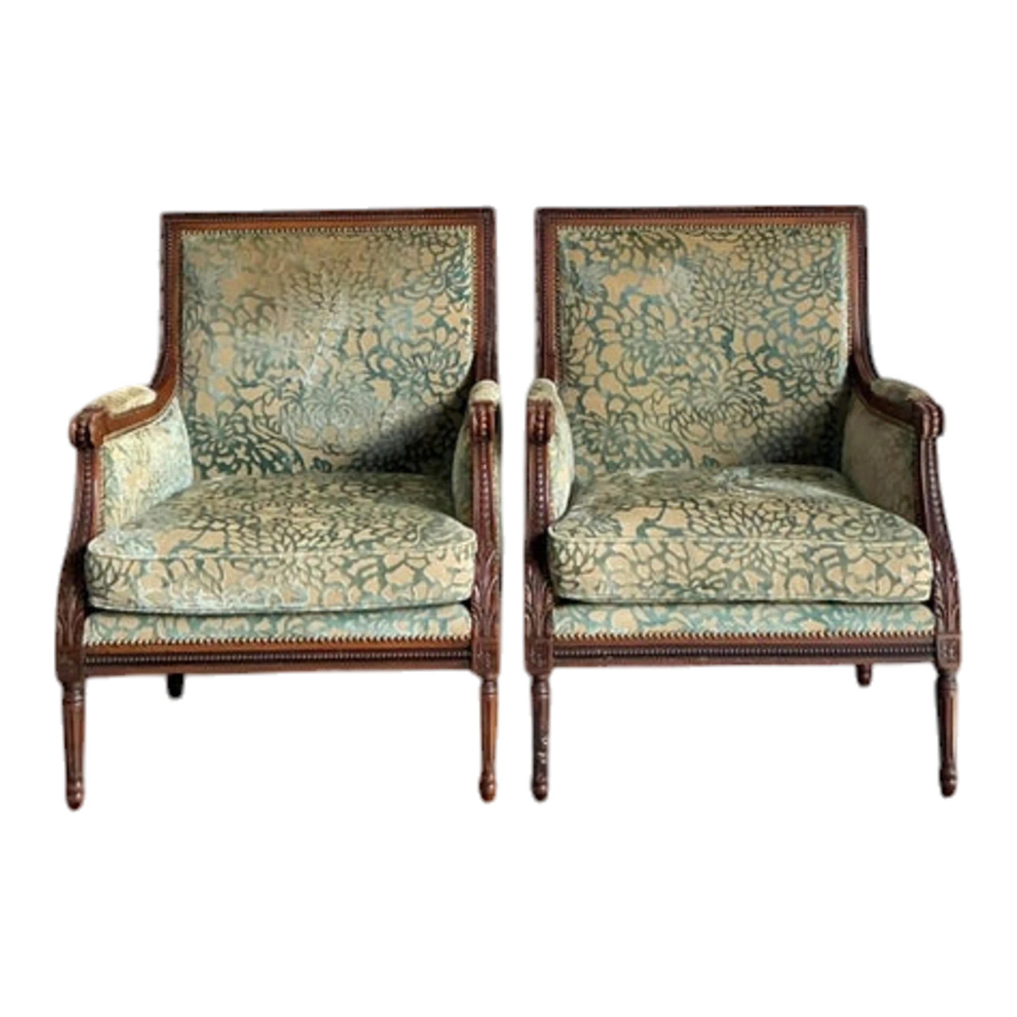 Vintage Regency Carved Detail Bergere Chairs - A Pair