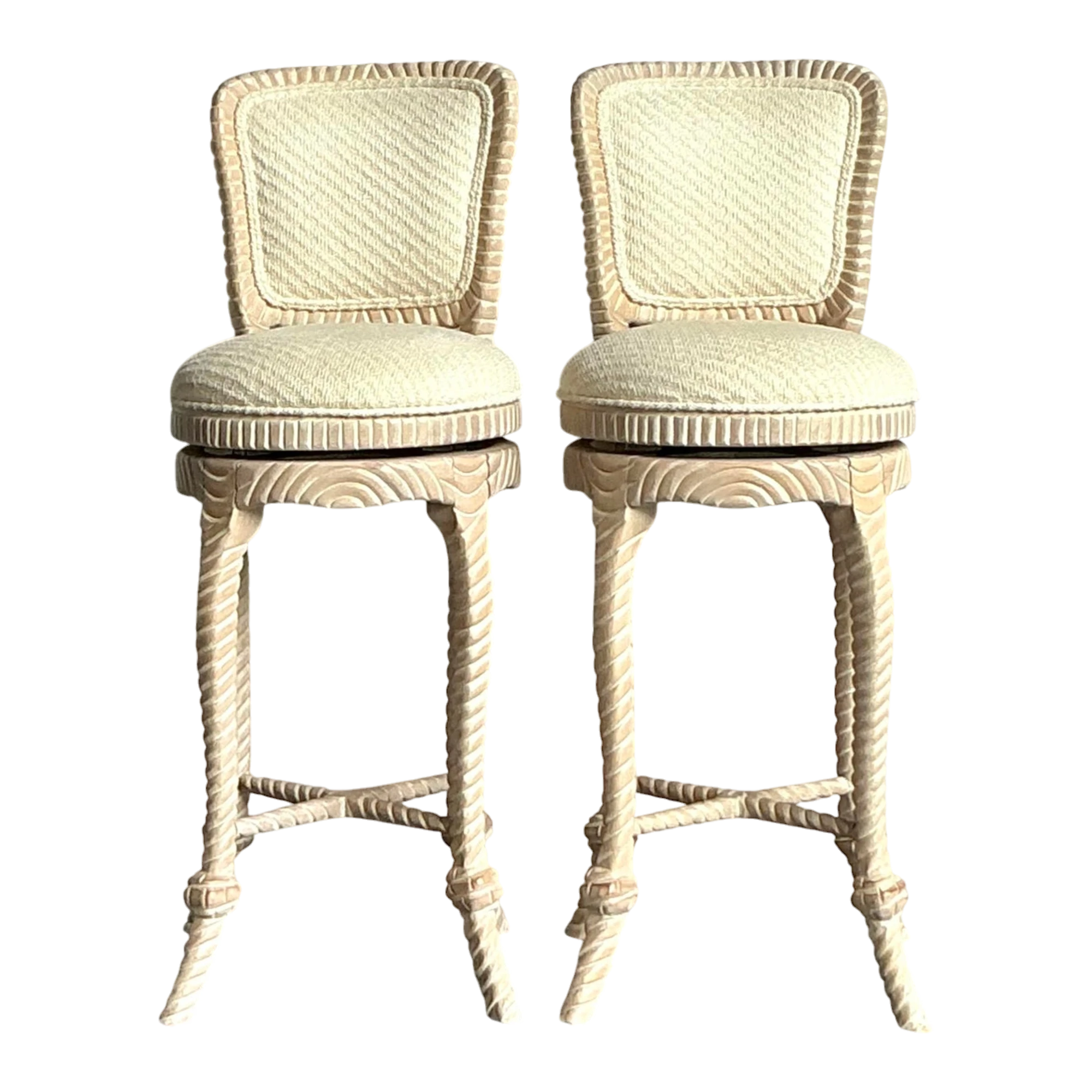 Vintage Regency Carved Rope Bar Stools - A Pair