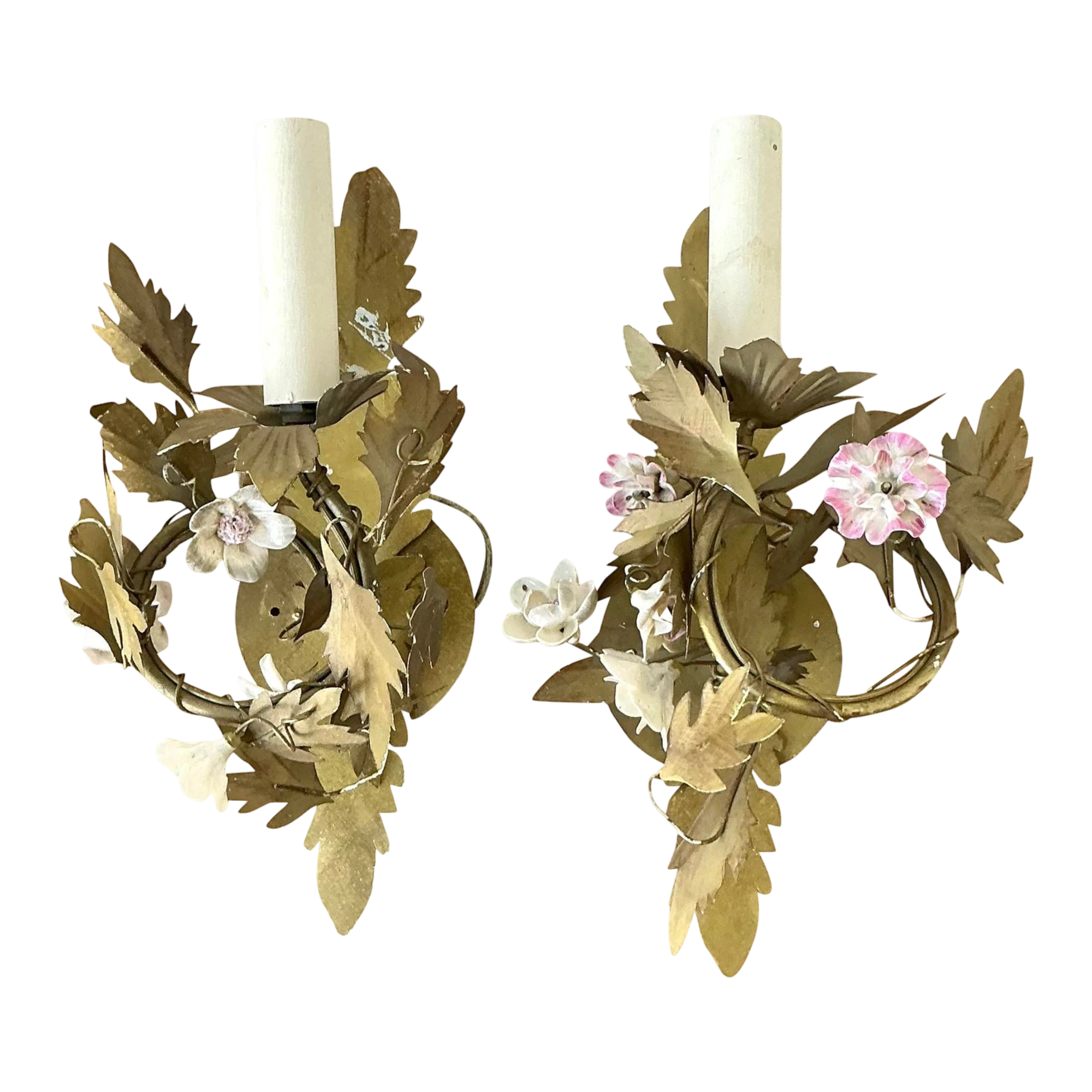 Vintage Regency Ceramic Flower Light Sconce - A Pair