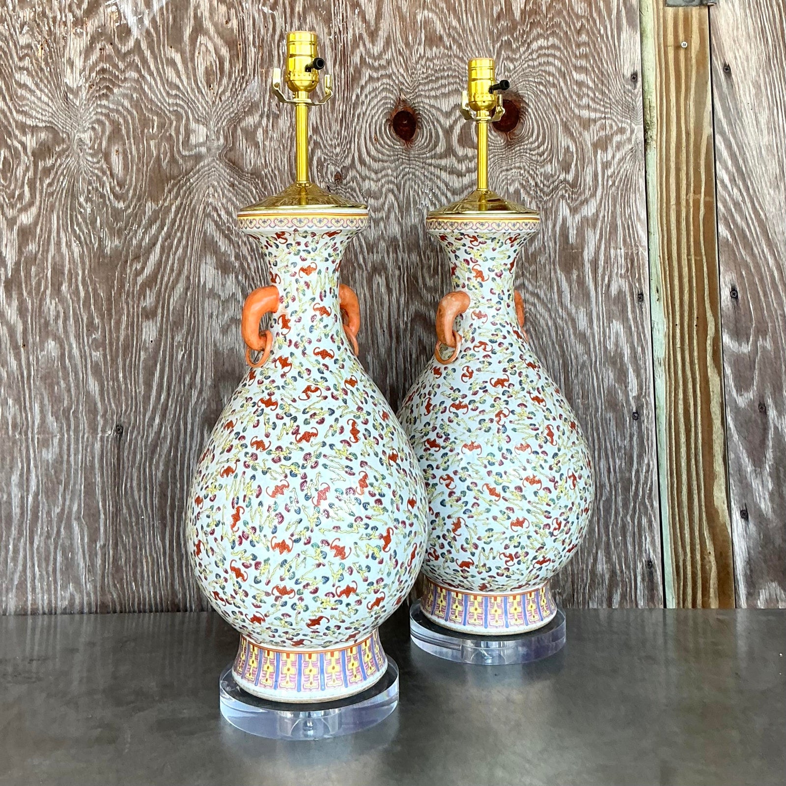 Vintage Regency Chinoiserie Floating Floral Ceramic Lamps - A Pair