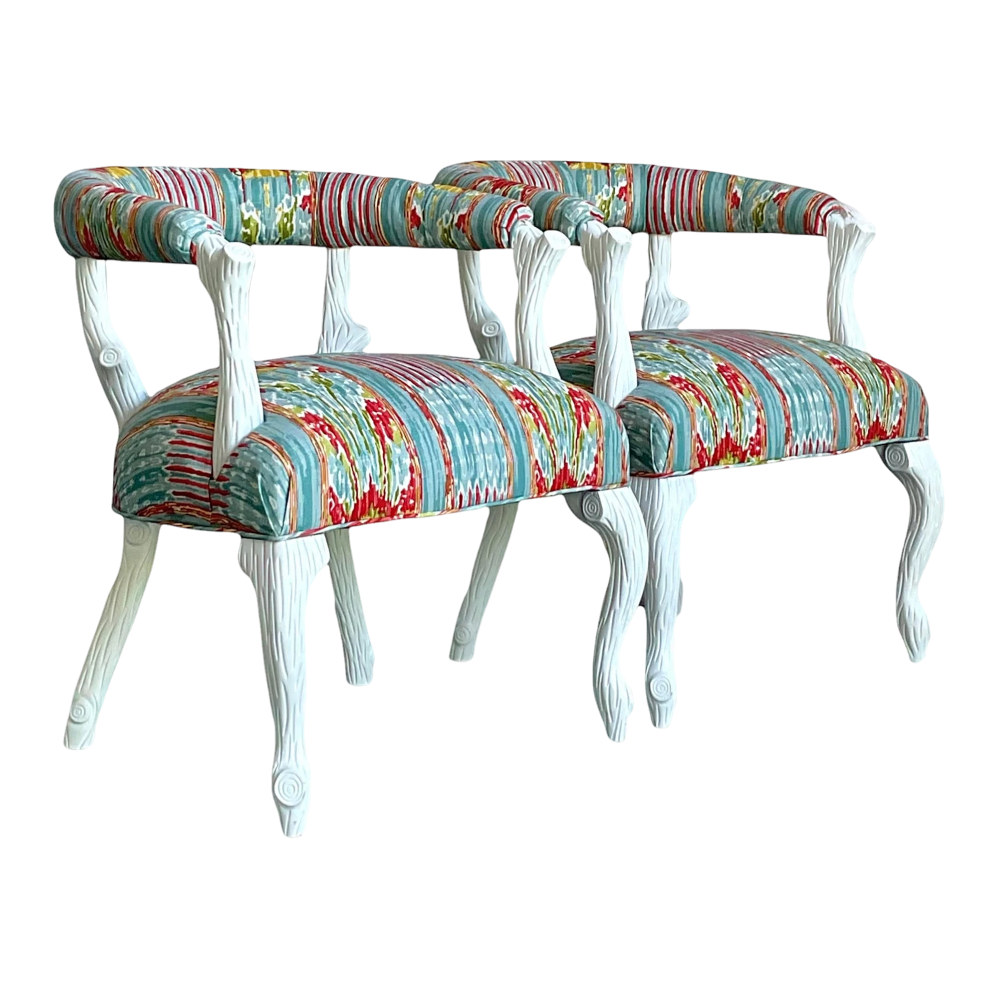 Vintage Regency Clarence House “Mazar Sharif” Upholstered Faux Bois Lounge Chairs - A Pair
