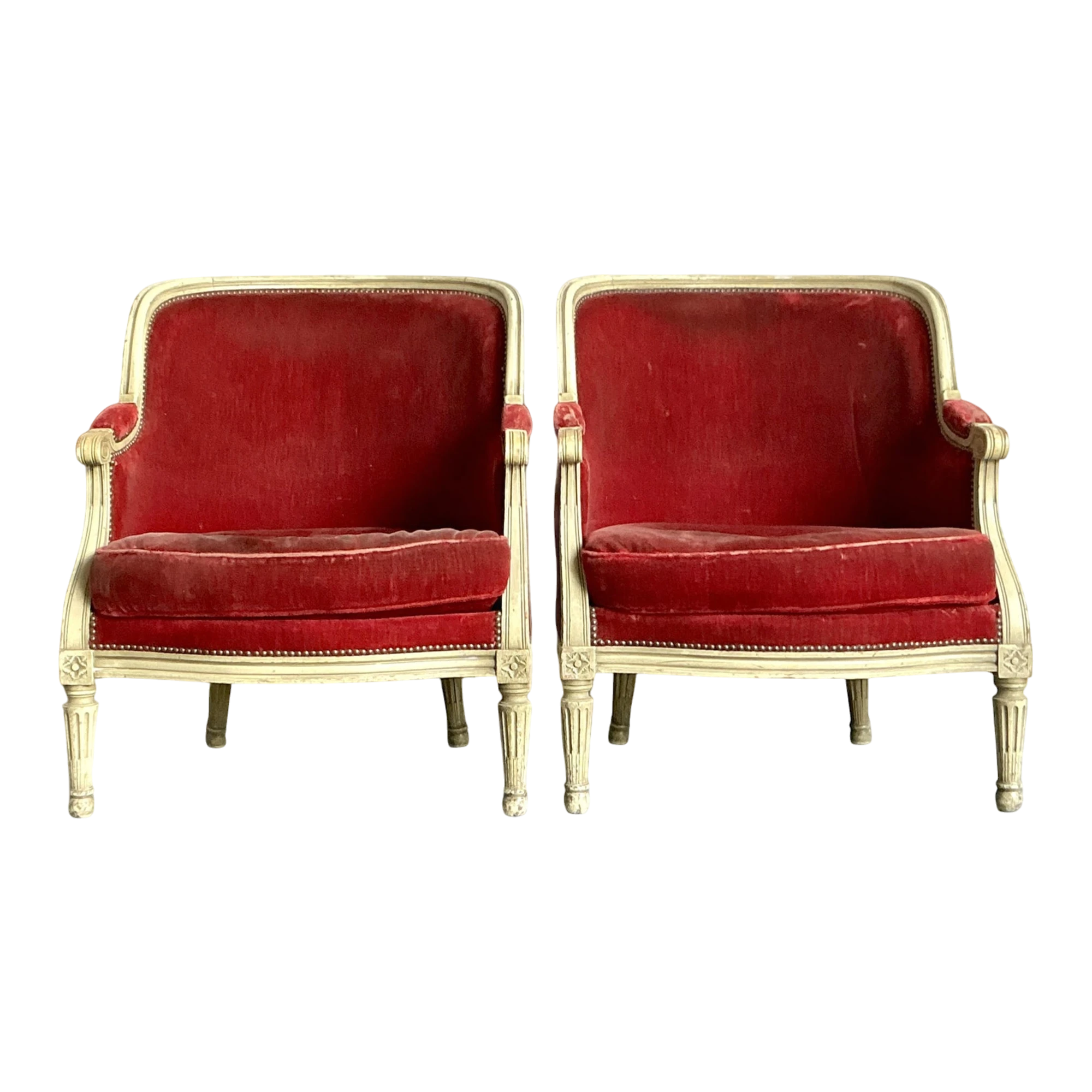 Vintage Regency Distressed Velvet Bergere Chairs - A Pair