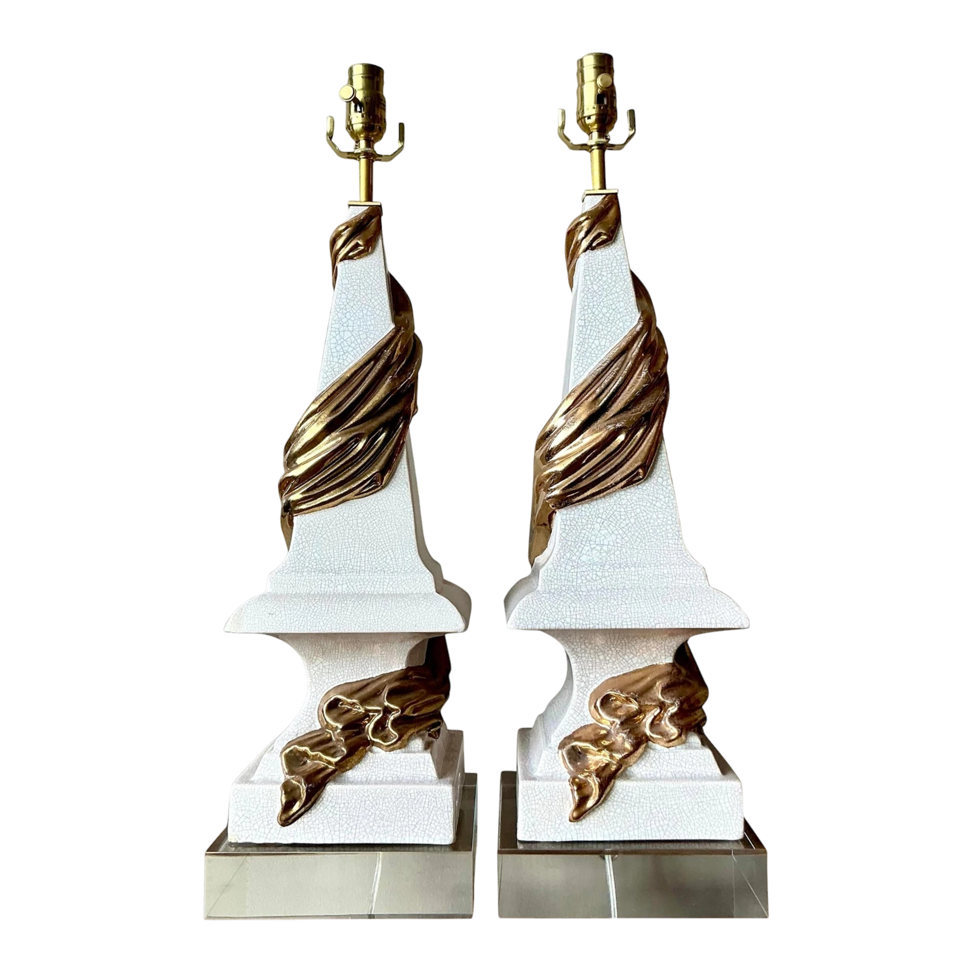 Vintage Regency Draped Swag Glazed Ceramic Lamps - A Pair