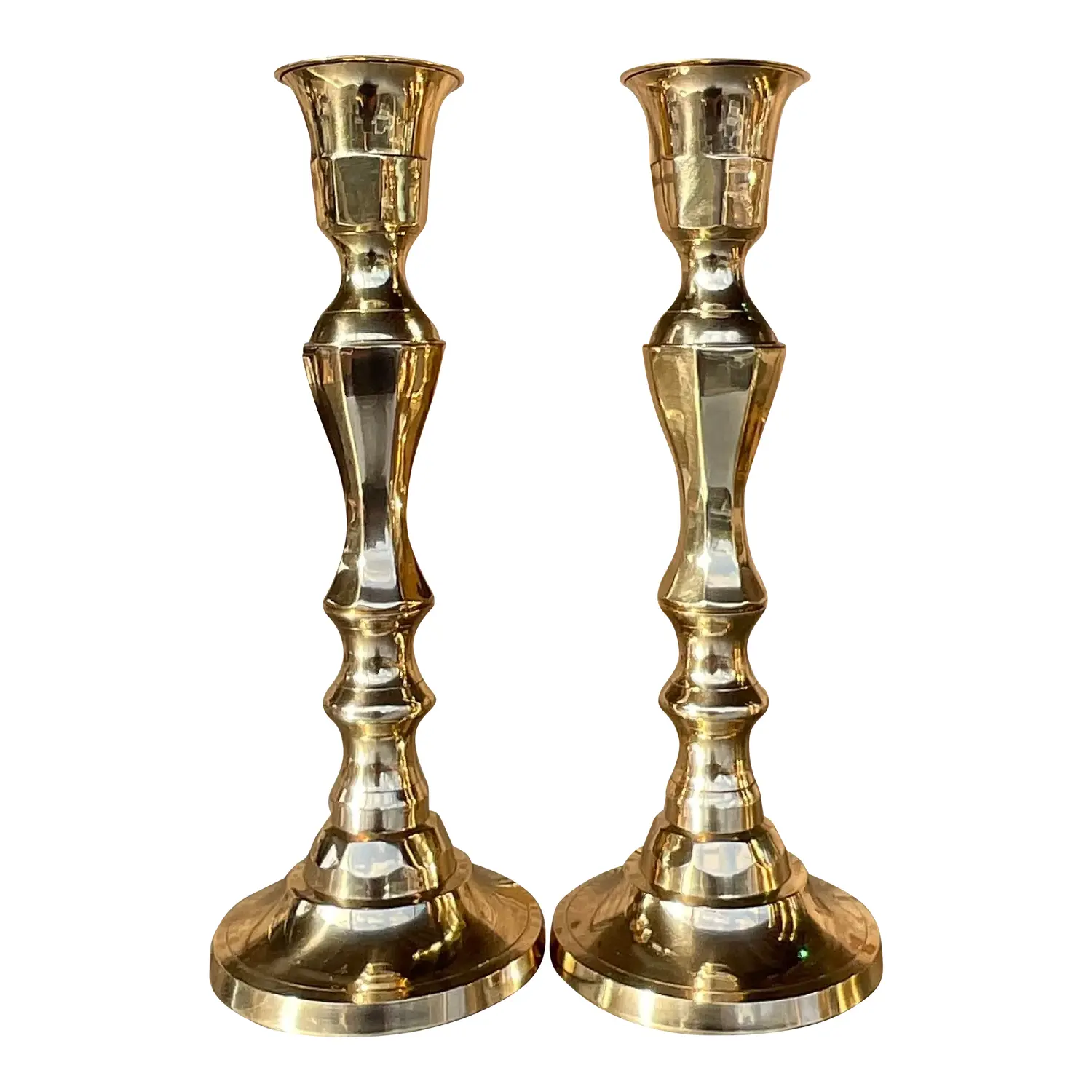 Vintage Regency Faceted Polished Brass Candlesticks - a Pair