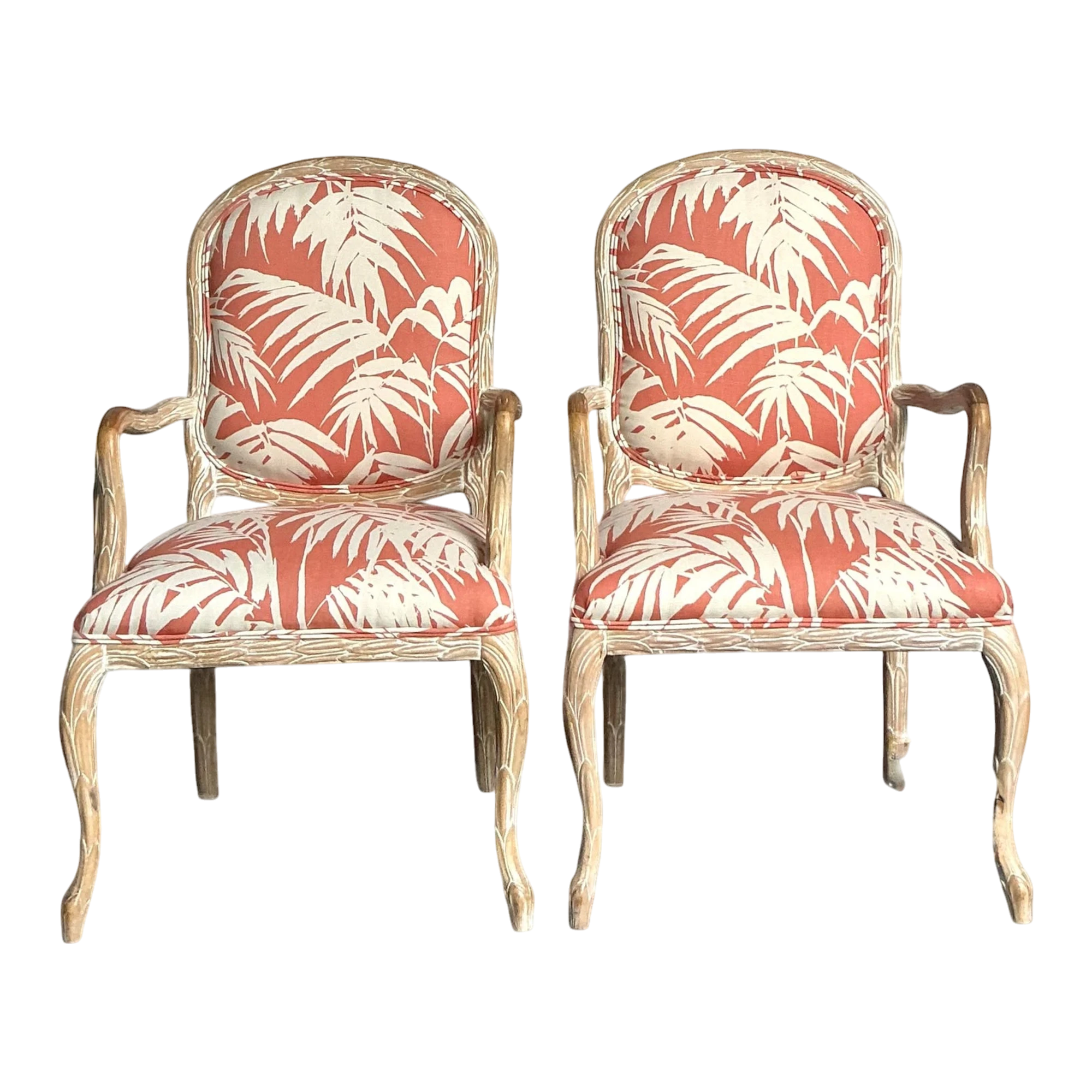 Vintage Regency Faux Bois Fauteuils in Quadrille “Martinique Reverse” - A Pair