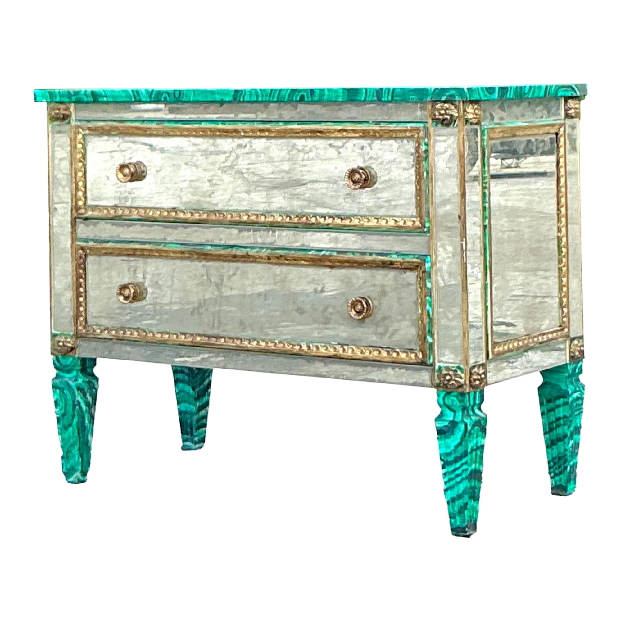 Vintage Regency Faux Painted Malachite Mirrored Chest of Drawers