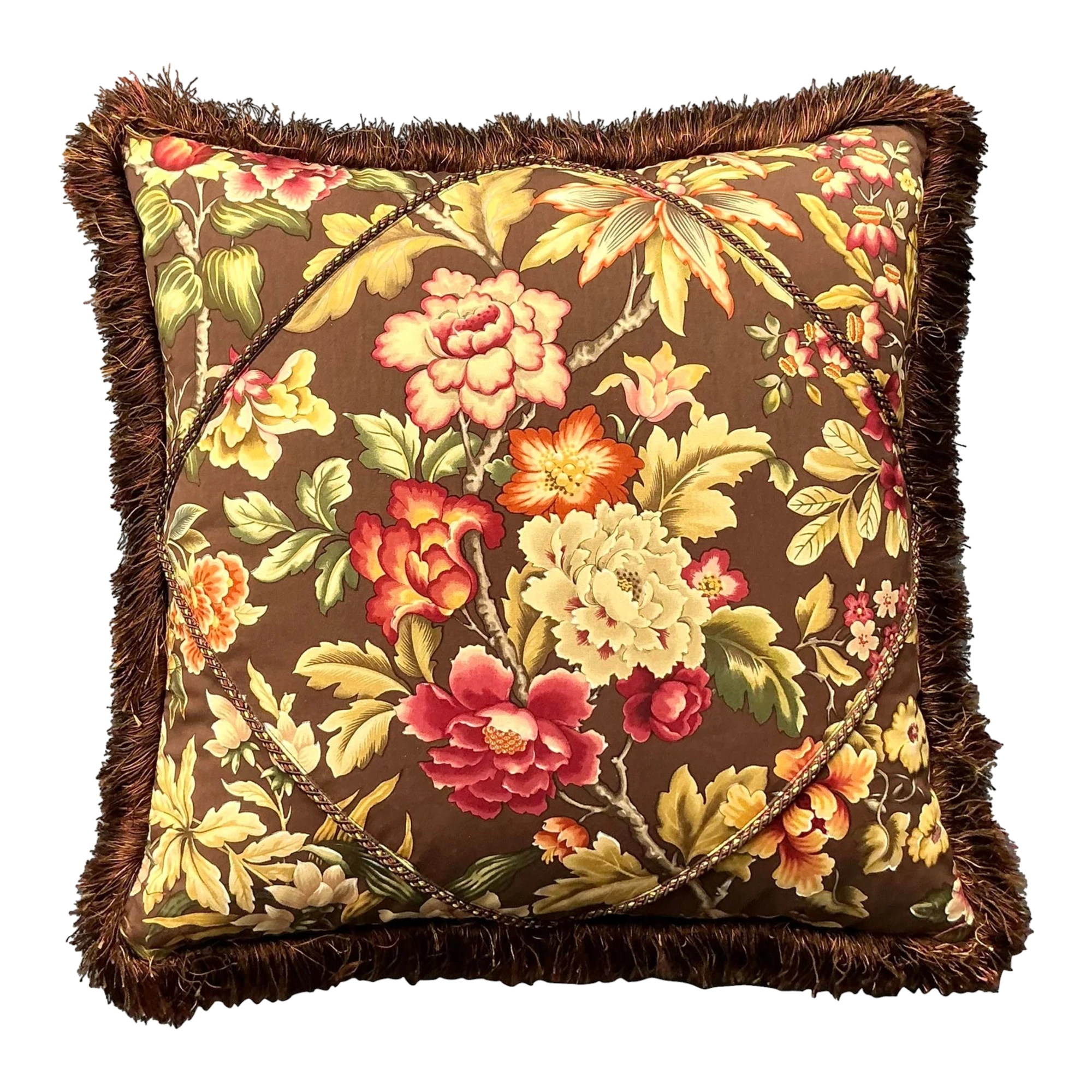 Vintage Regency Floral Caterpillar Trimmed Throw Pillow