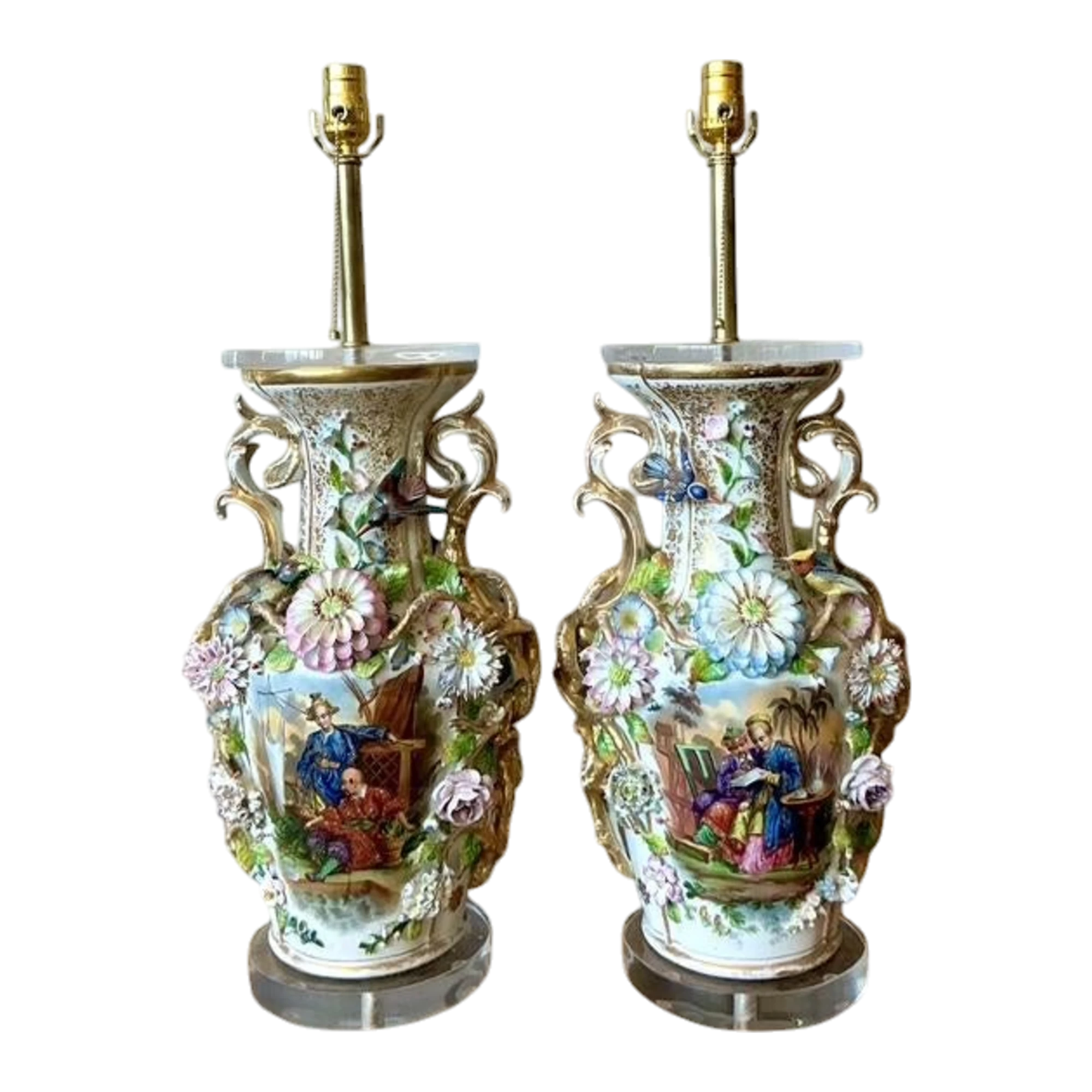 Vintage Regency French Porcelain Chinoiserie Lamps - A Pair
