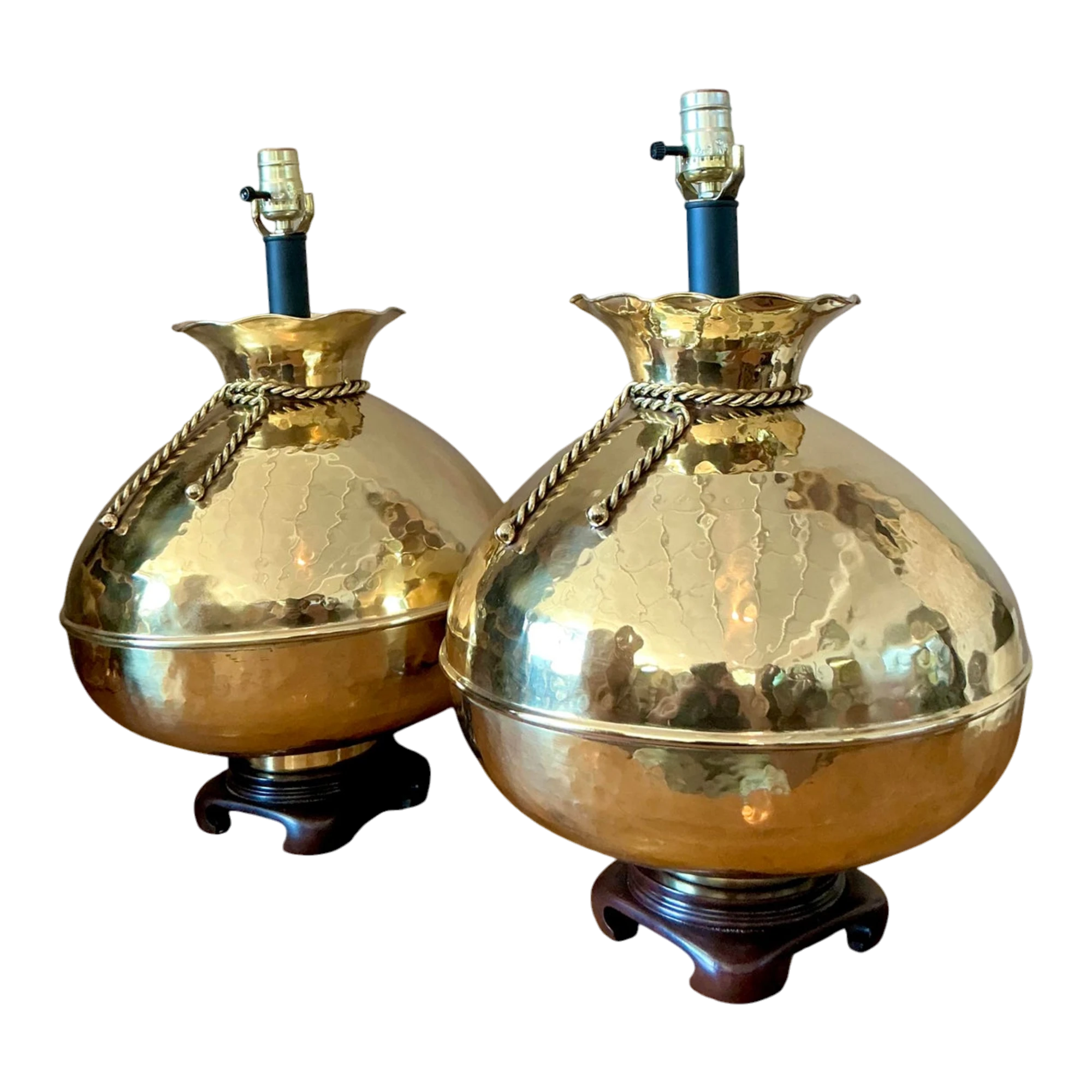 Vintage Regency Hammered Brass Bag Lamps - A Pair