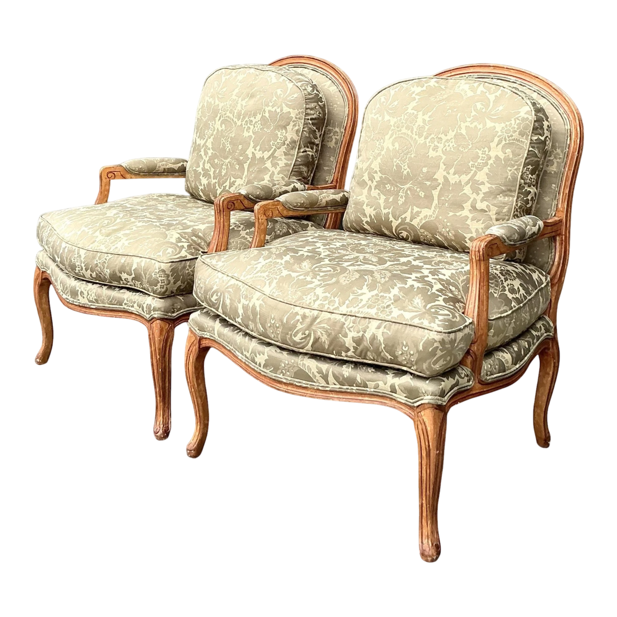 Vintage Regency Jacquard Fauteuil Chairs - A Pair