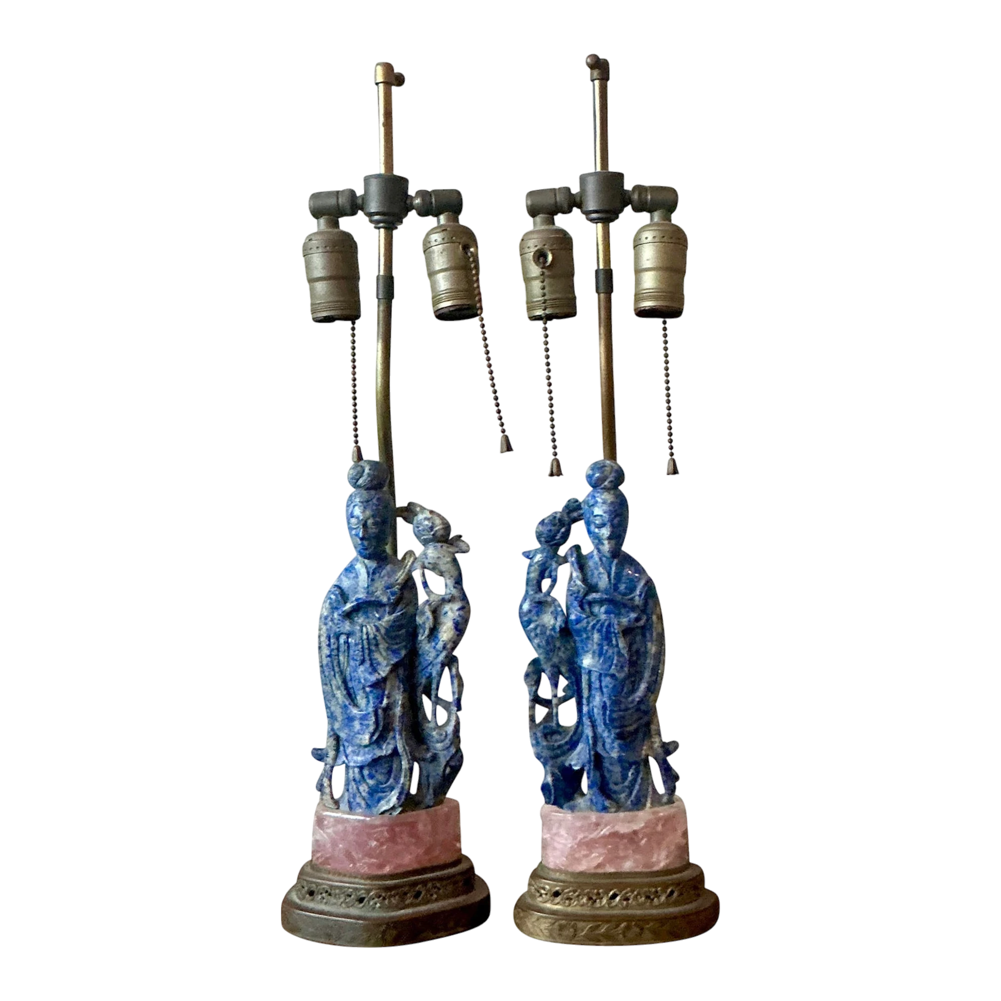 Vintage Regency Lapis Lazuli and Rose Quartz Figural Lamps - Set of 2