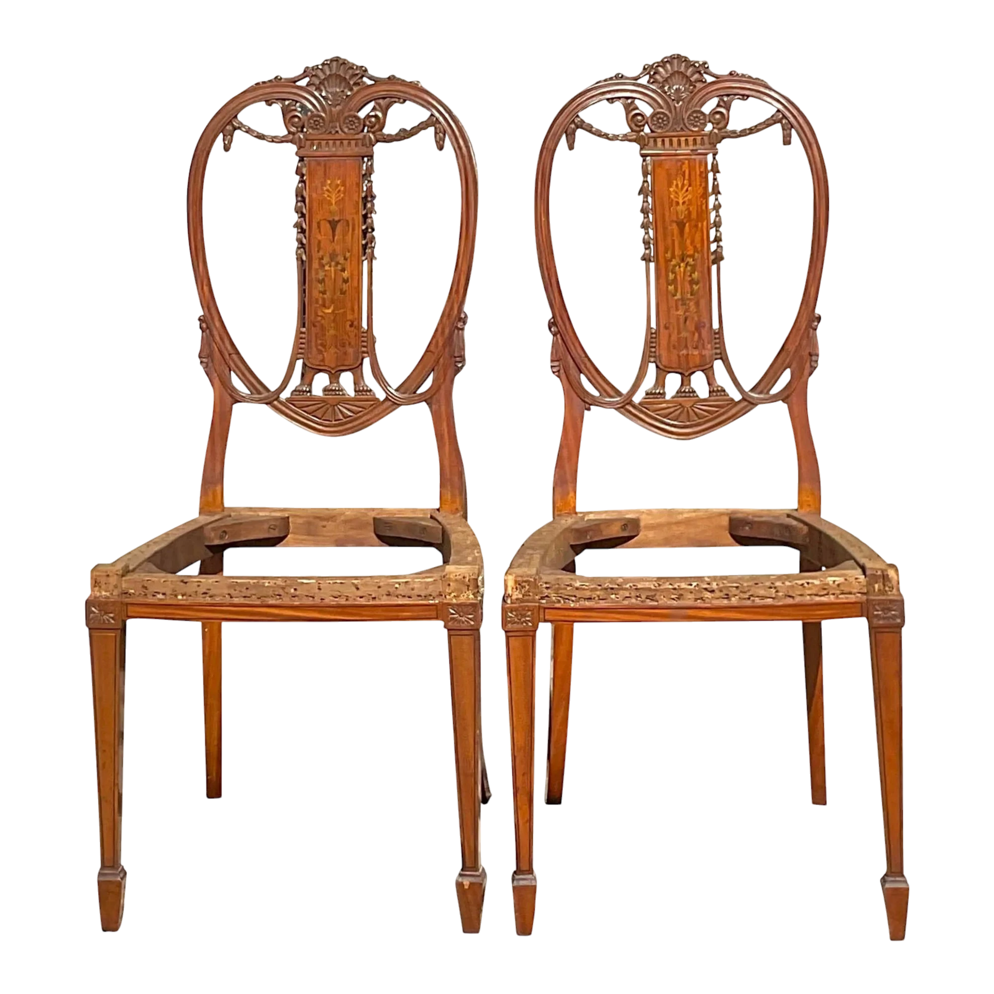 Vintage Regency Marquetry Balloon Back Chairs - a Pair