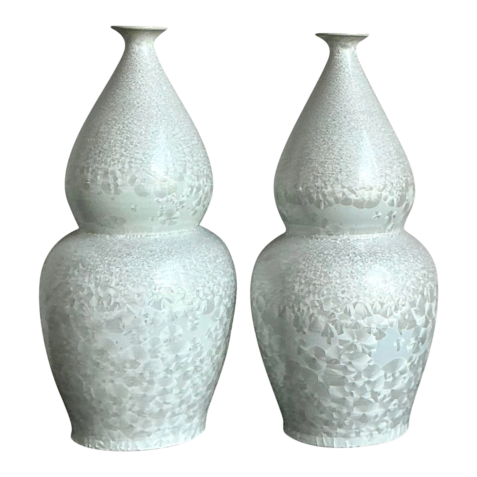Vintage Regency Monumental Crystal Glazed Ceramic Gourd Floor Vase - A Pair