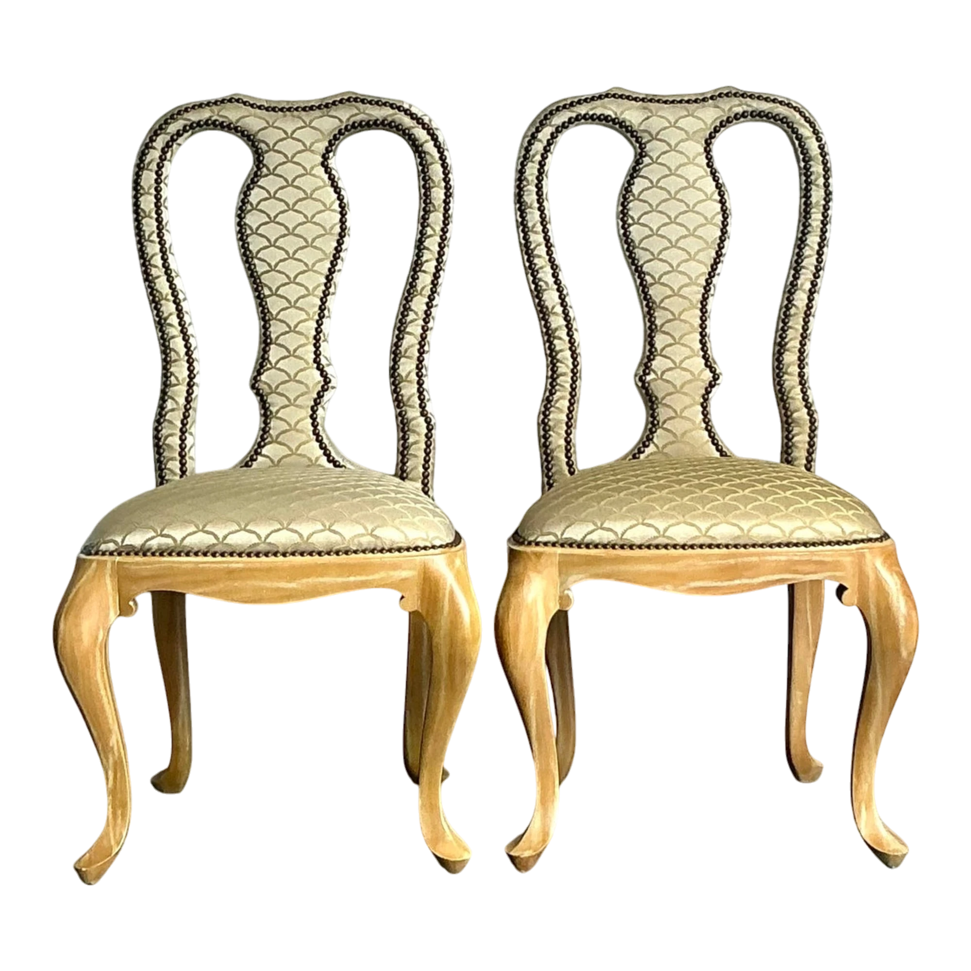 Vintage Regency Nailhead Queen Anne Dining Chairs - A Pair