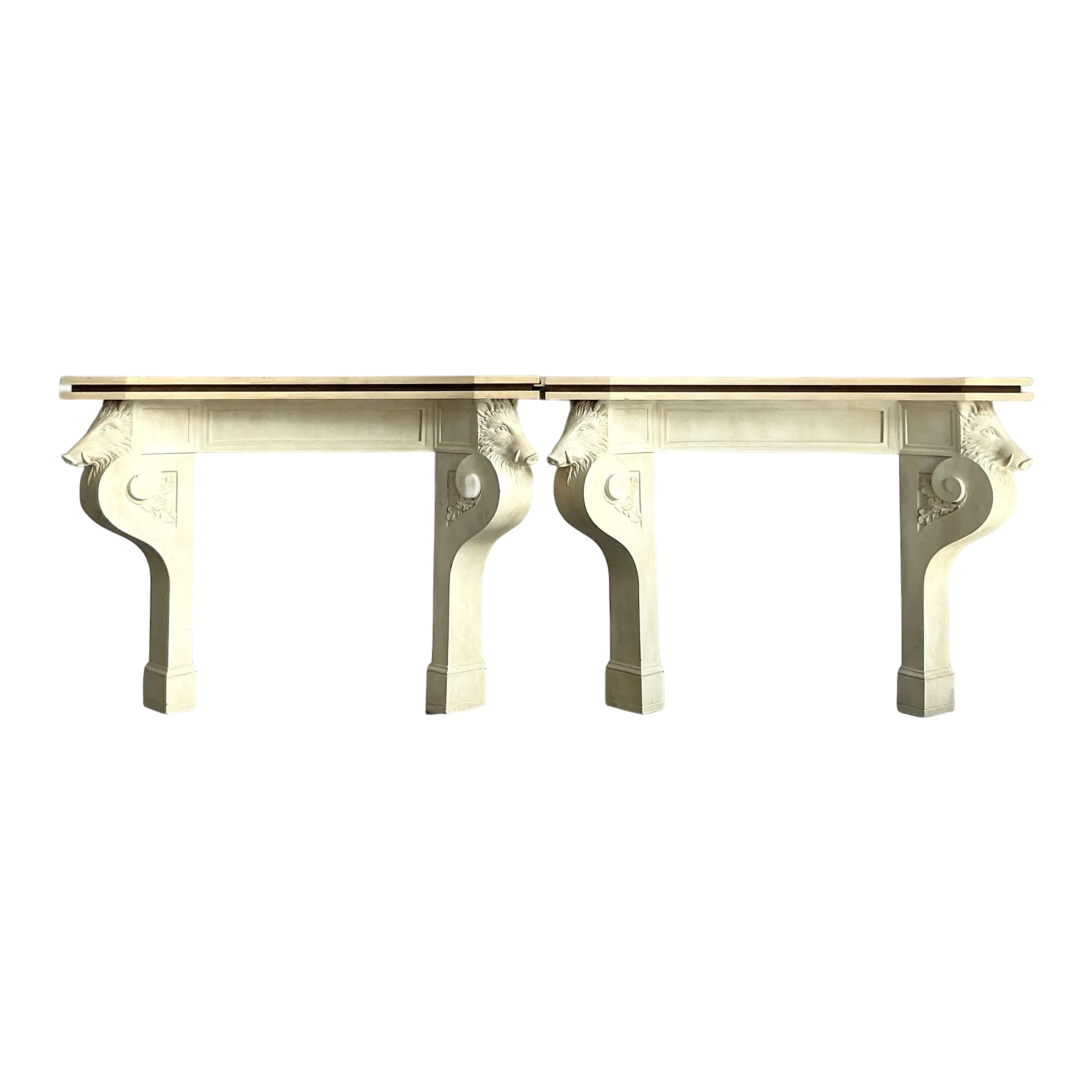 Vintage Regency Plaster Over Wood Boar Console Table - A Pair