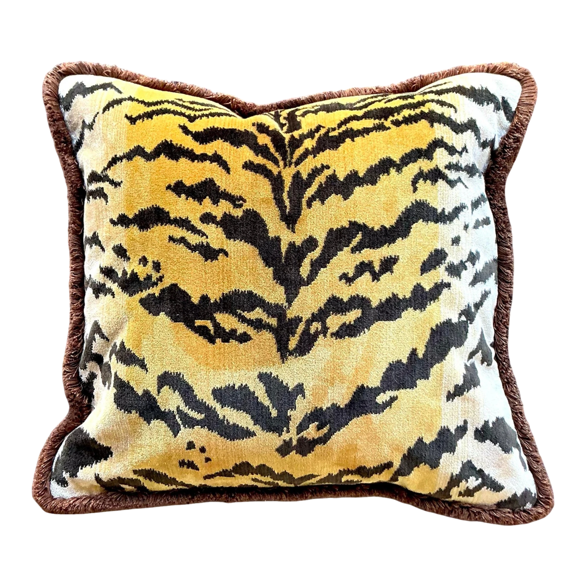 Vintage Regency Scalamandre “Le Tigre” Velvet Throw Pillow With Caterpillar Fringe